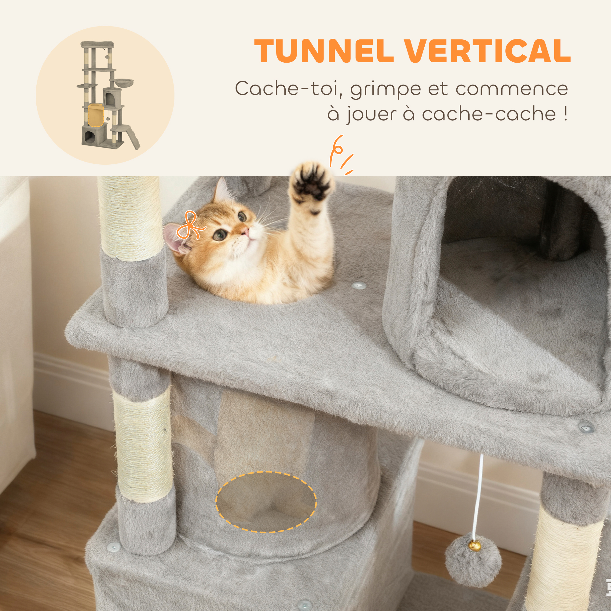 Arbre à chat tour de jeux 7 poteaux à griffer 3 platesformes 2 niches tunnel hamac et 2 pompons 170 cm gris foncé – vue 6