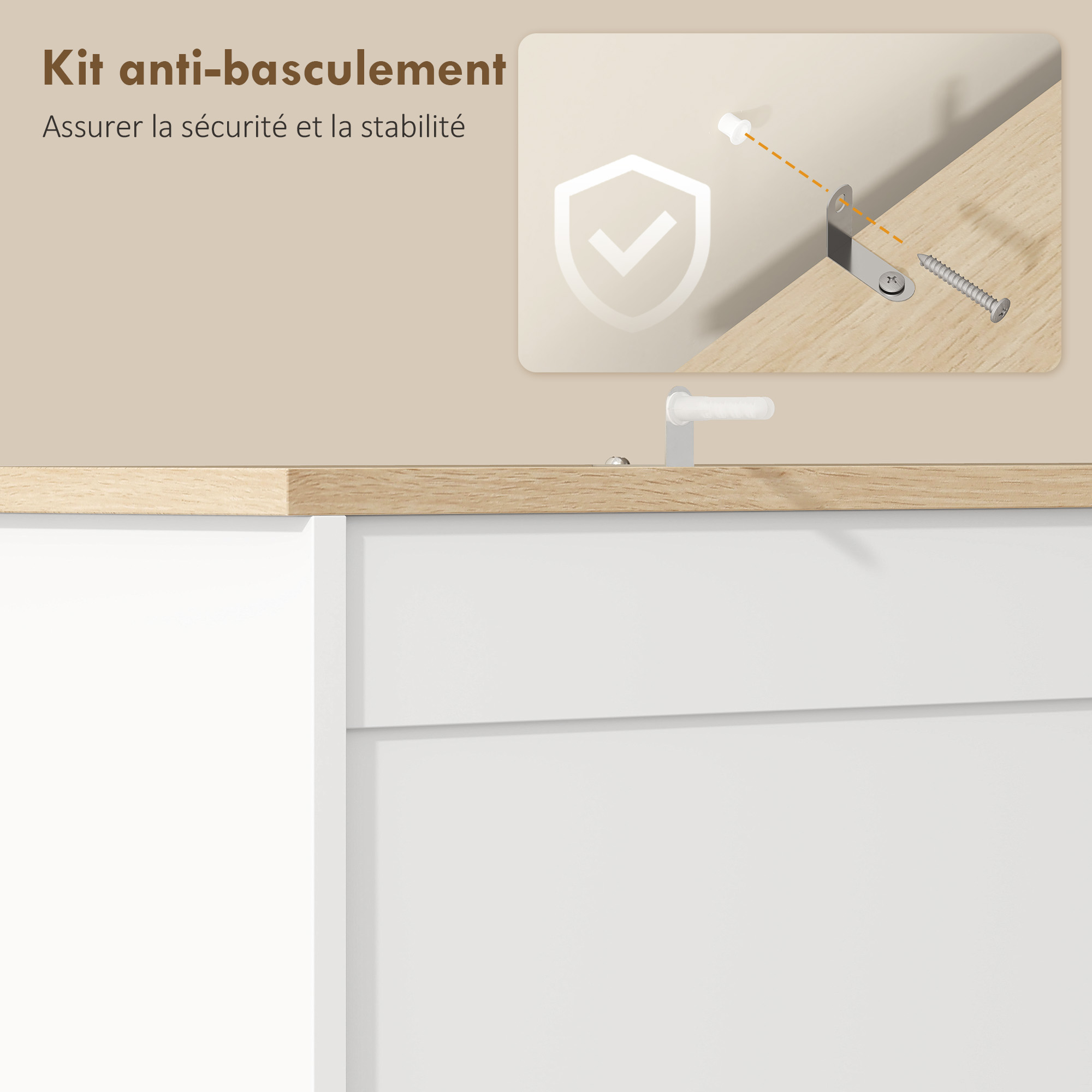 Buffet Haut Cuisine, Armoire Cuisine avec 3 Portes, 2 Tiroirs, Plan de Travail, Compartiments Ouverts, Blanc – vue 7