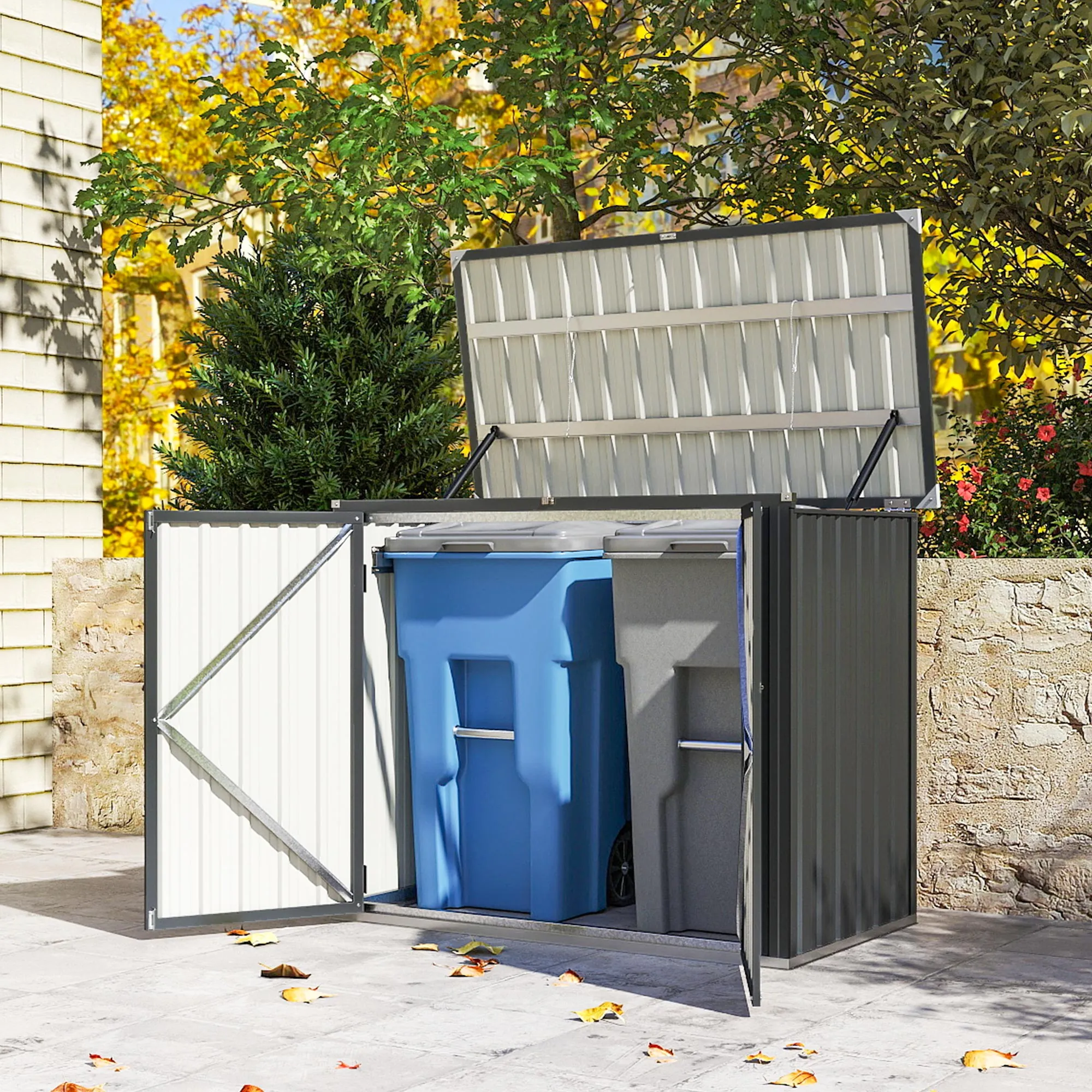 Cache-poubelles extérieur 2 bacs en acier galvanisé – gris foncé – vue 9