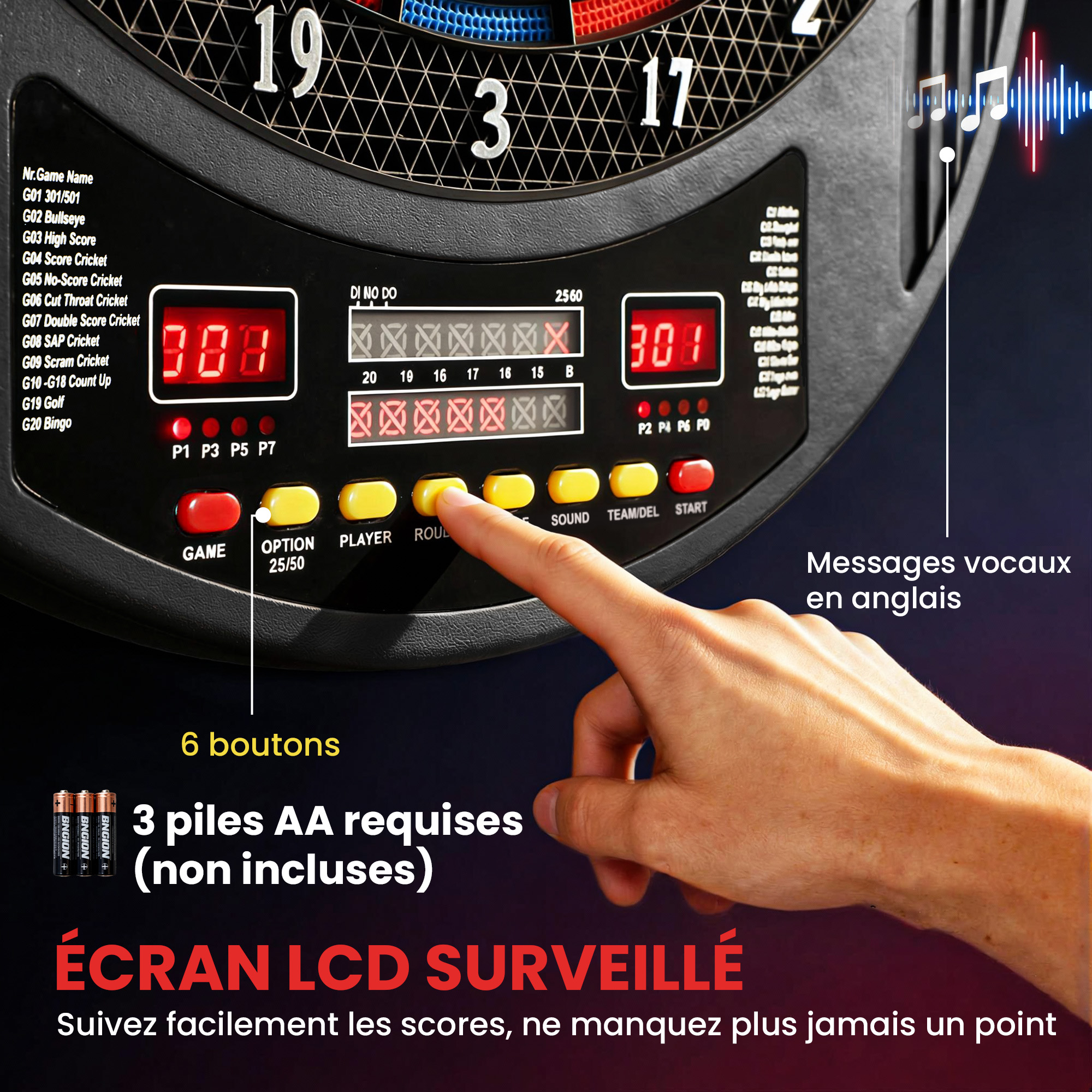 Cible de Fléchettes Électronique 33 Jeux – 8 Joueurs, Double Écran LED & 6 Fléchettes – vue 5