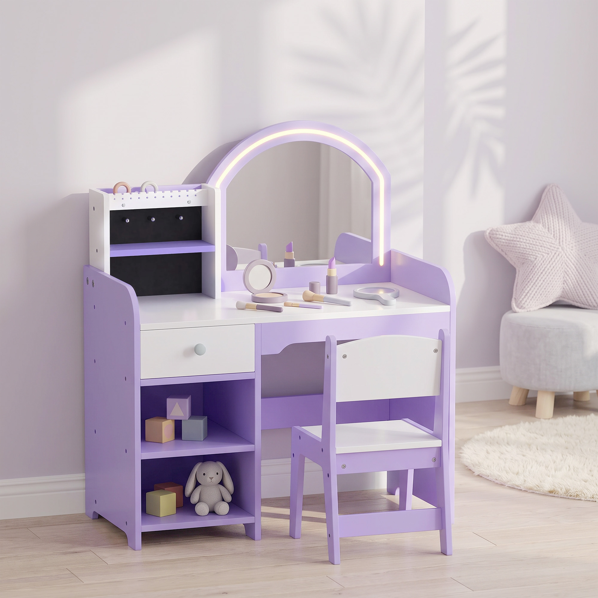 Coiffeuse Enfant avec Miroir, Éclairage LED, Rangements & Tabouret – Violet & Blanc – vue 9