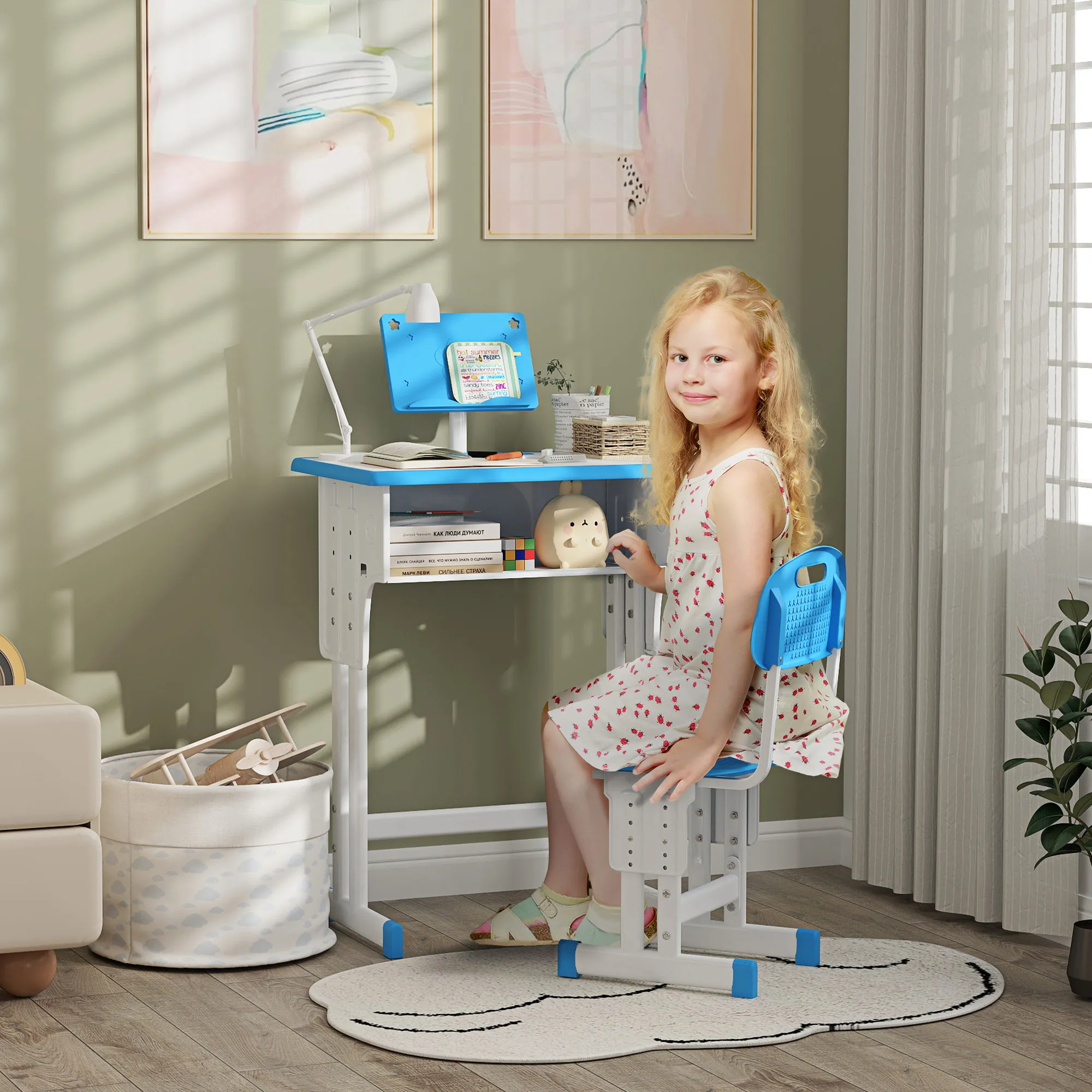 Bureau et Chaise Enfant Réglables avec Support de Lecture & Rangements – Bleu - Image 2