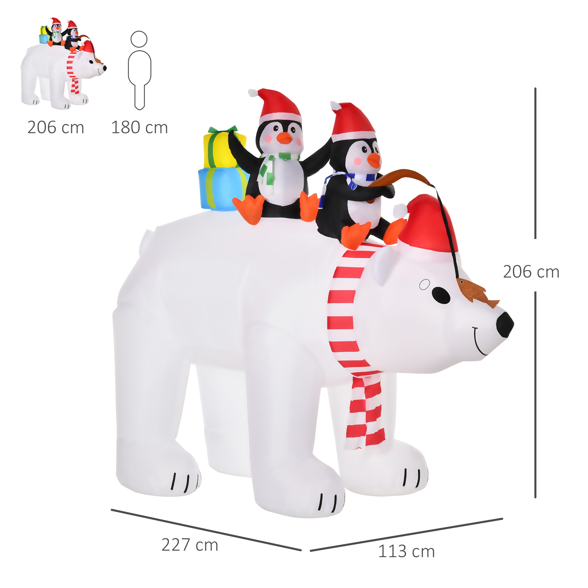 Ours polaire gonflable de Noël 206 cm avec 2 pingouins et LED – HOMCOM – autre vue