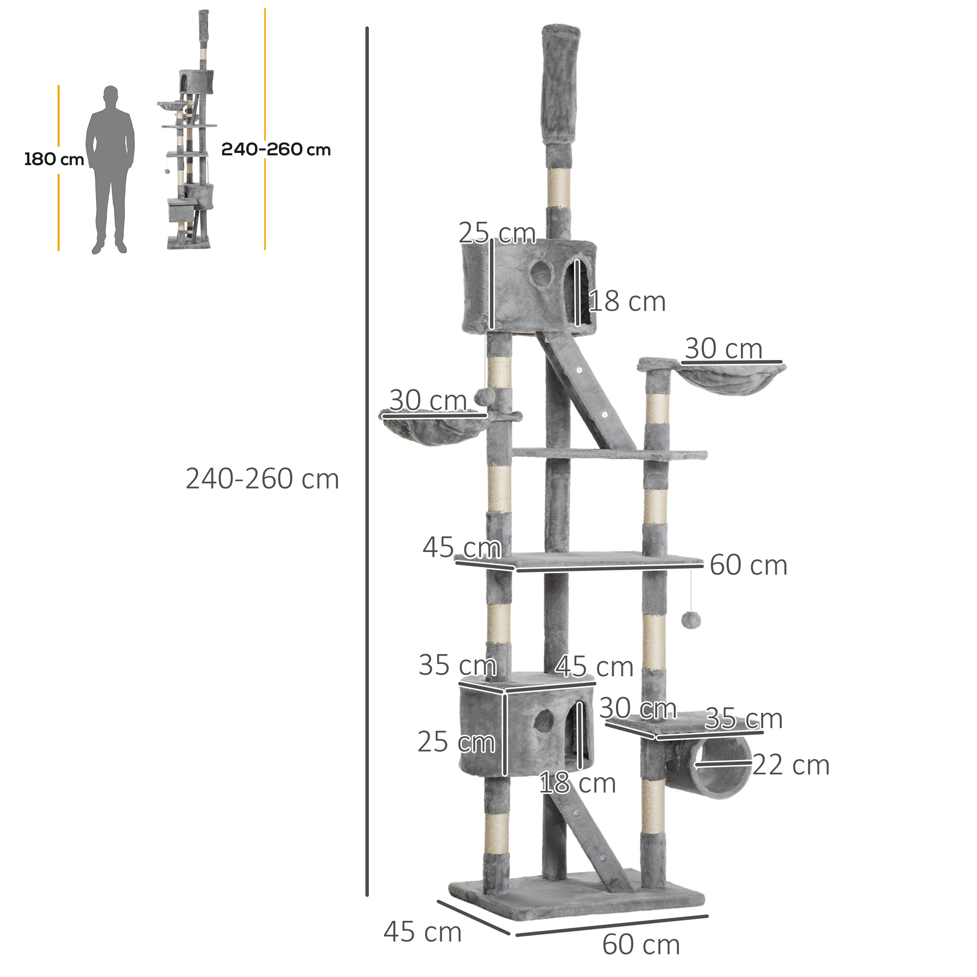 Arbre à chat du sol au plafond, tour à chat réglable en hauteur de 240-260 cm à plusieurs niveaux, gris clair – autre vue