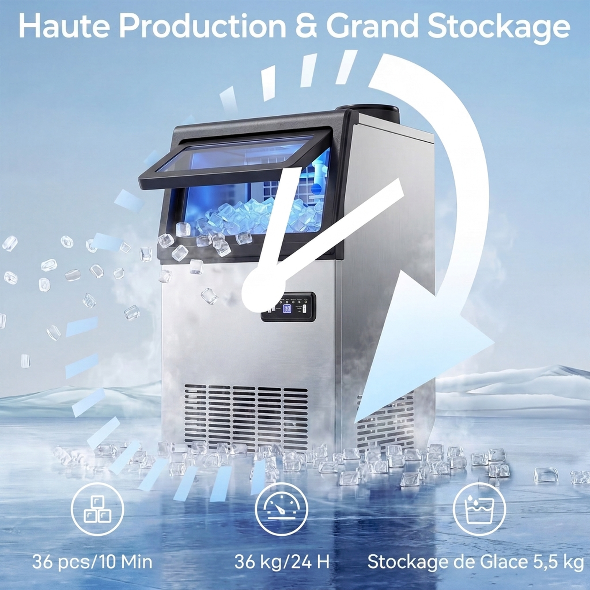 Machine à glaçons commerciale 36 kg/24h, acier inoxydable, ice maker, capacité 5,5 kg, 36 cubes par 10 minutes, – vue de détail