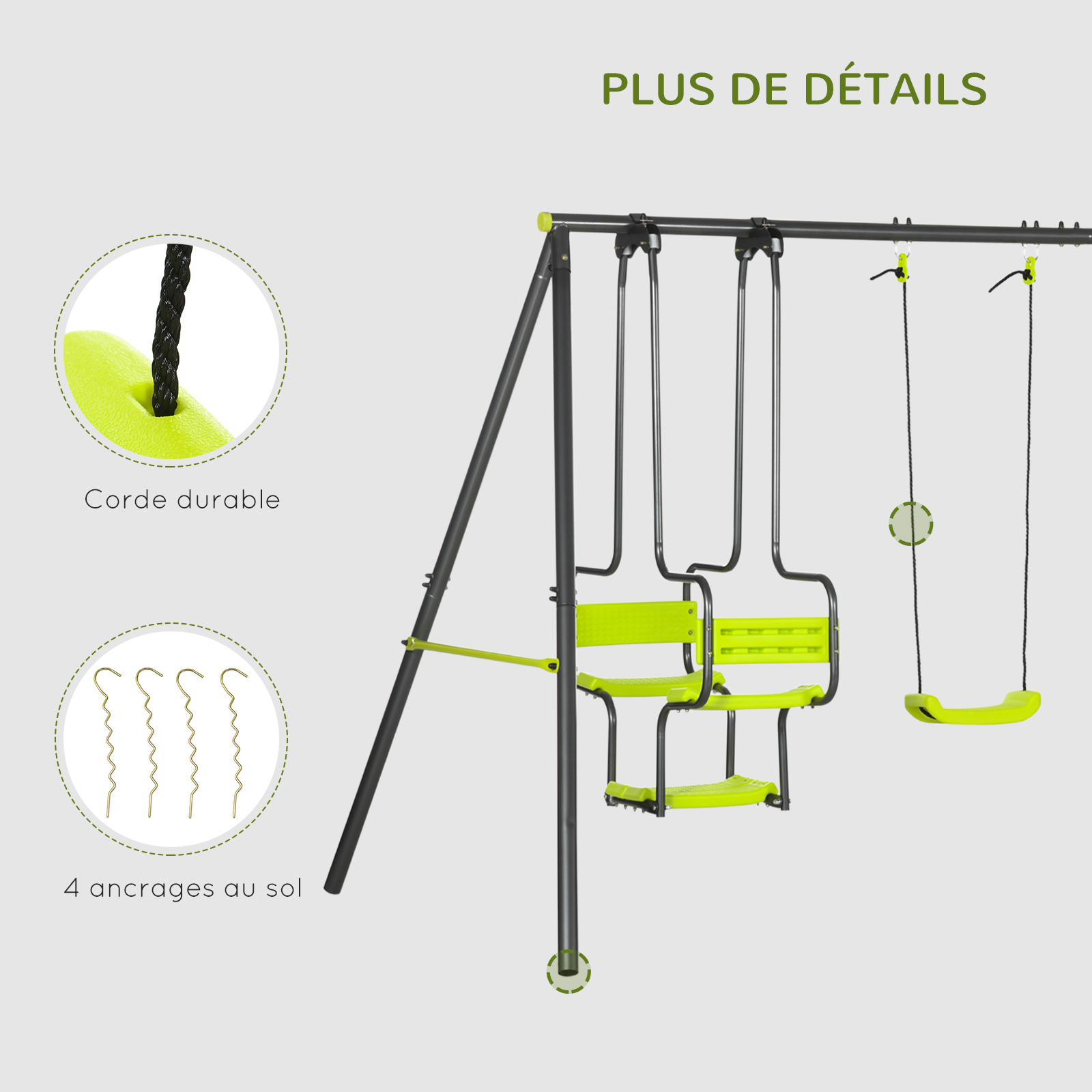 Portique Balançoire 4 Agrès – 2 Balançoires & 2 Face-à-Face – 3,55 m – vue 7