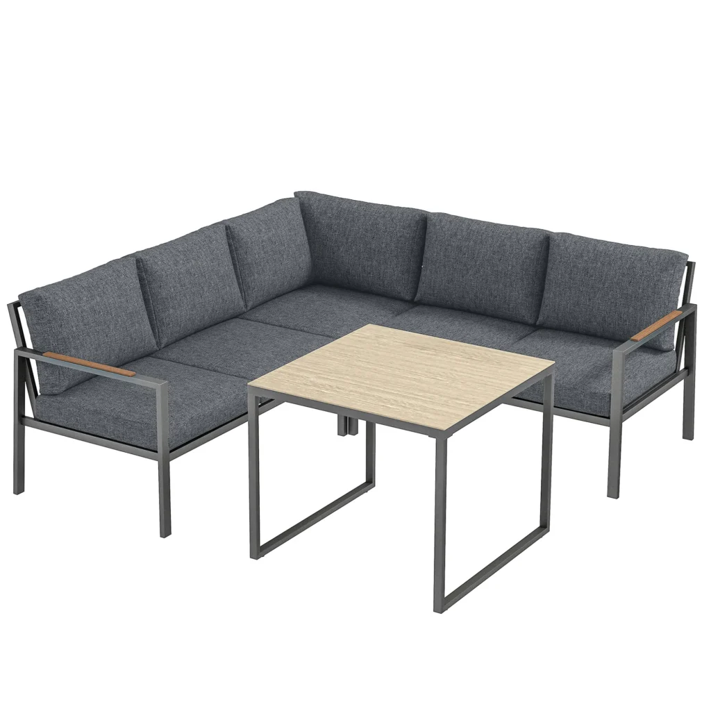 Salon de Jardin 5 Places avec Coussins & Table Basse – Gris Foncé