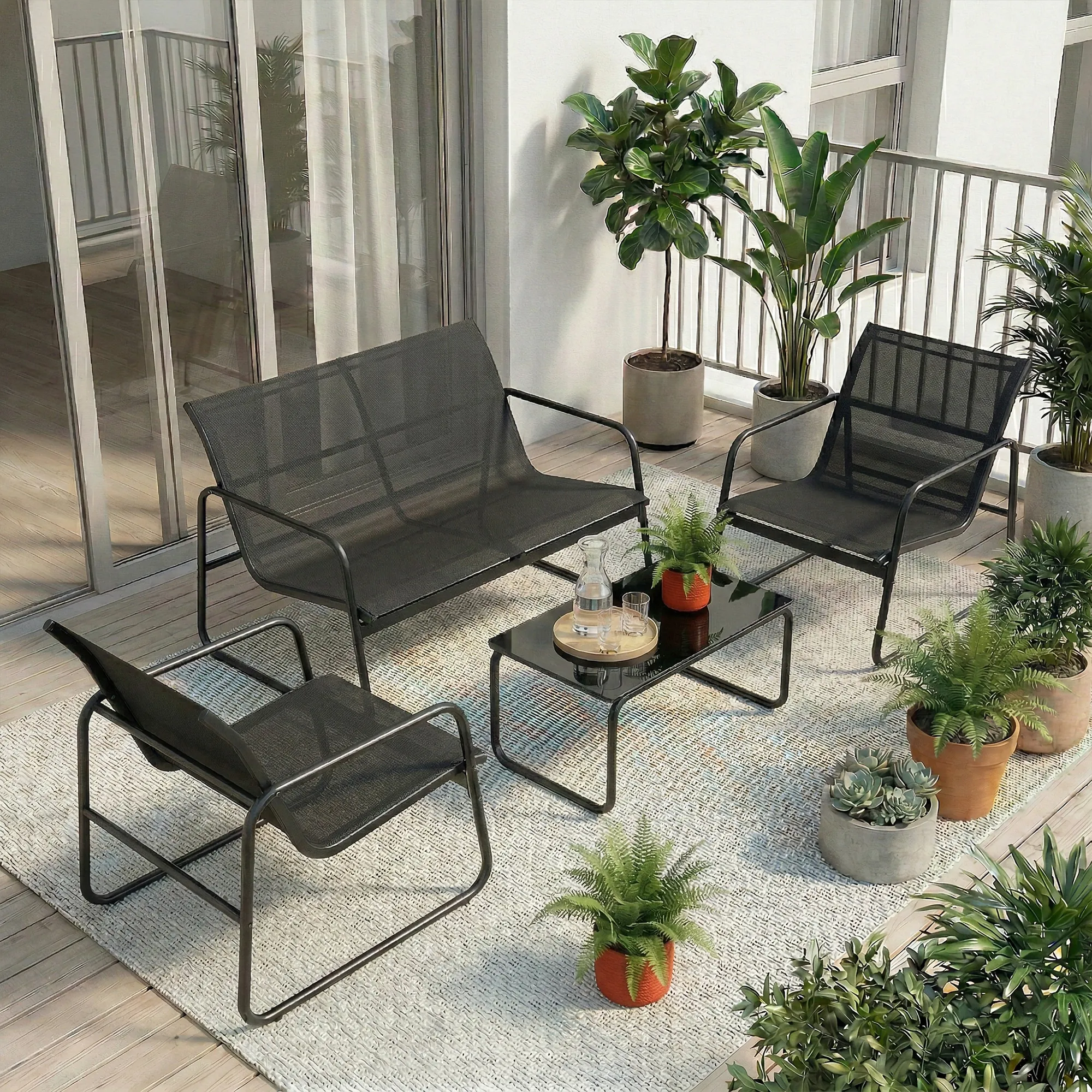 Salon de jardin 4 pièces avec canapé, fauteuils et table basse, gris foncé et noir – vue 9