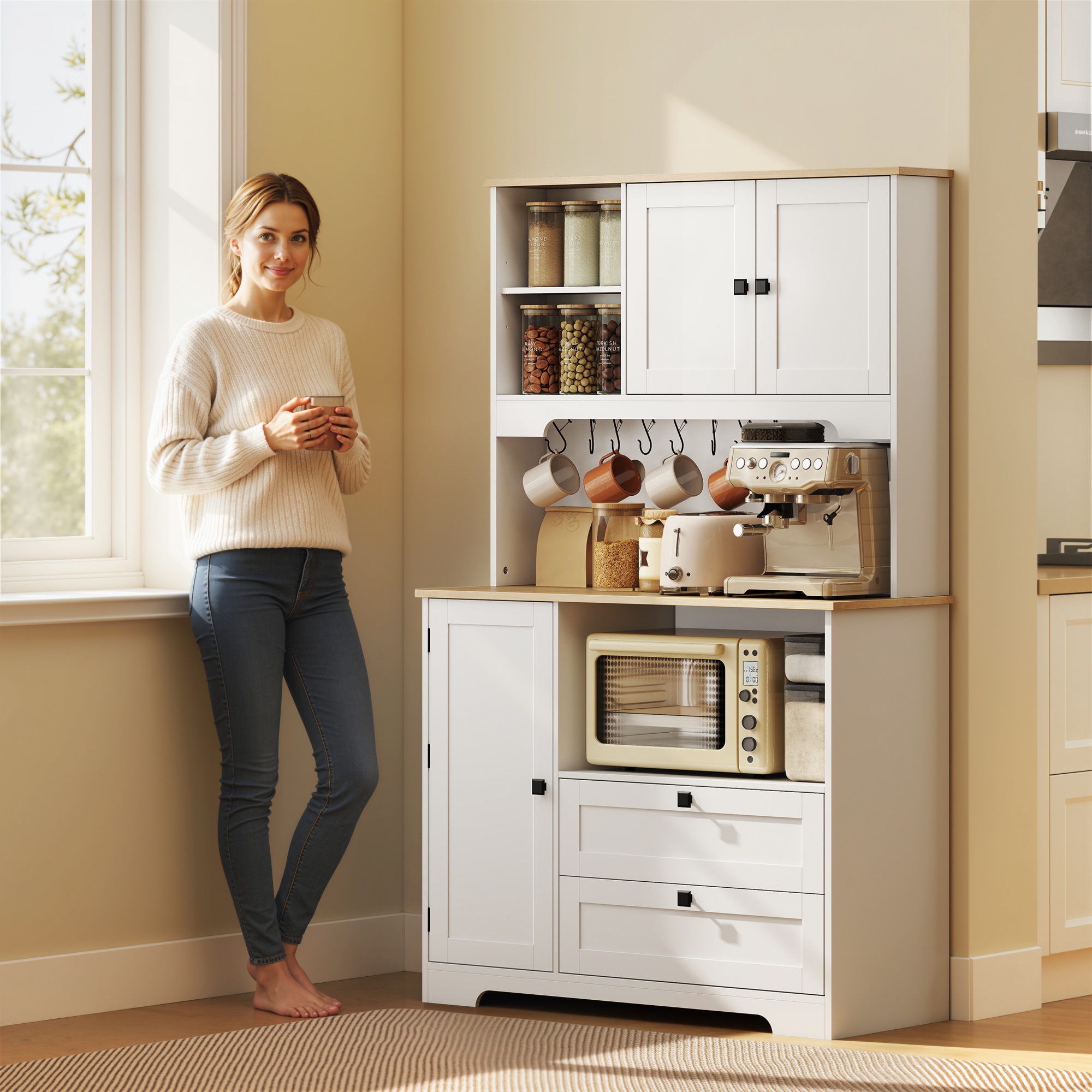 Buffet Haut Cuisine, Armoire Cuisine avec 3 Portes, 2 Tiroirs, Plan de Travail, Compartiments Ouverts, Blanc – vue 8