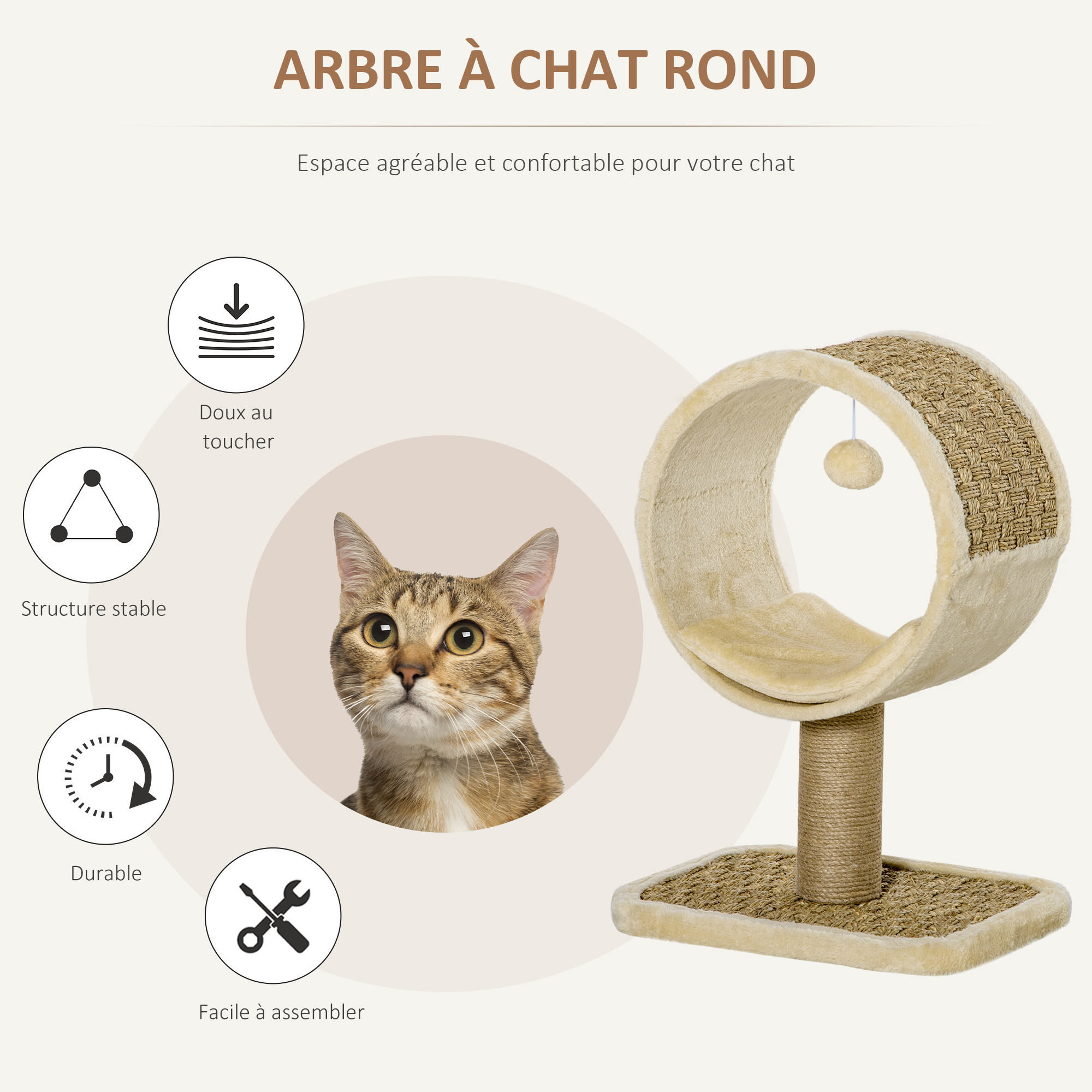 Arbre à chat compact 56 cm avec couchage, griffoir en jute & jouet – beige & kaki – vue de détail