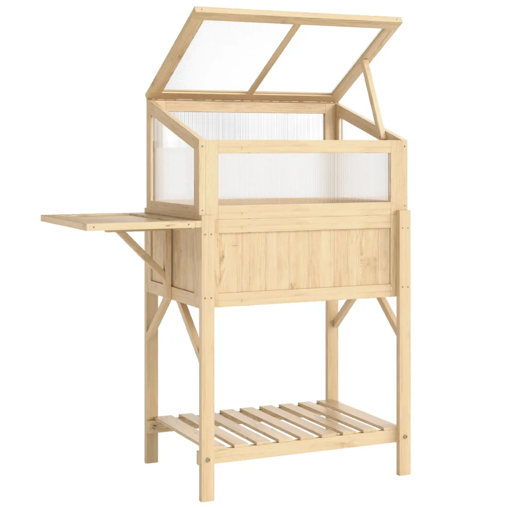 Carré Potager Surélevé avec Serre & Table Pliante – Bois Naturel