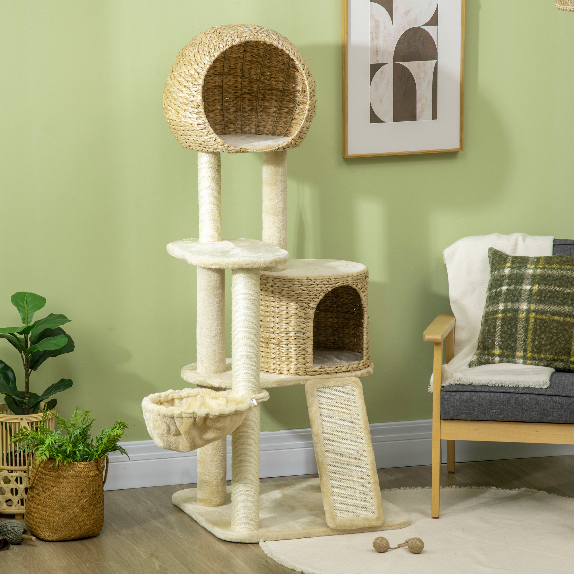 Arbre à chats griffoir sisal naturel 2 niches plateforme hamac peluche jacinthe d'eau - 60 x 60 x 150 cm beige – vue 8