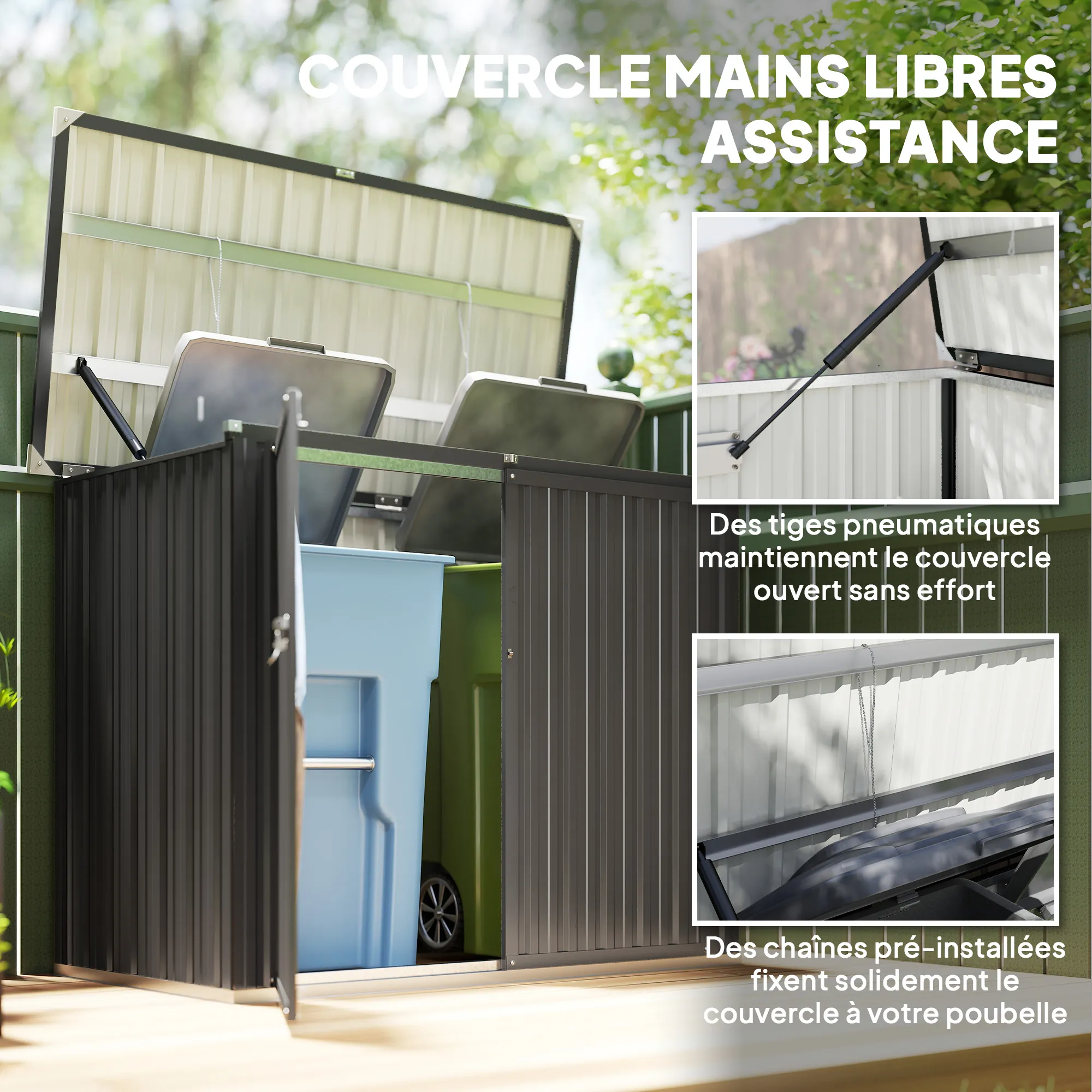 Cache-poubelles extérieur 2 bacs en acier galvanisé – gris foncé – vue 6