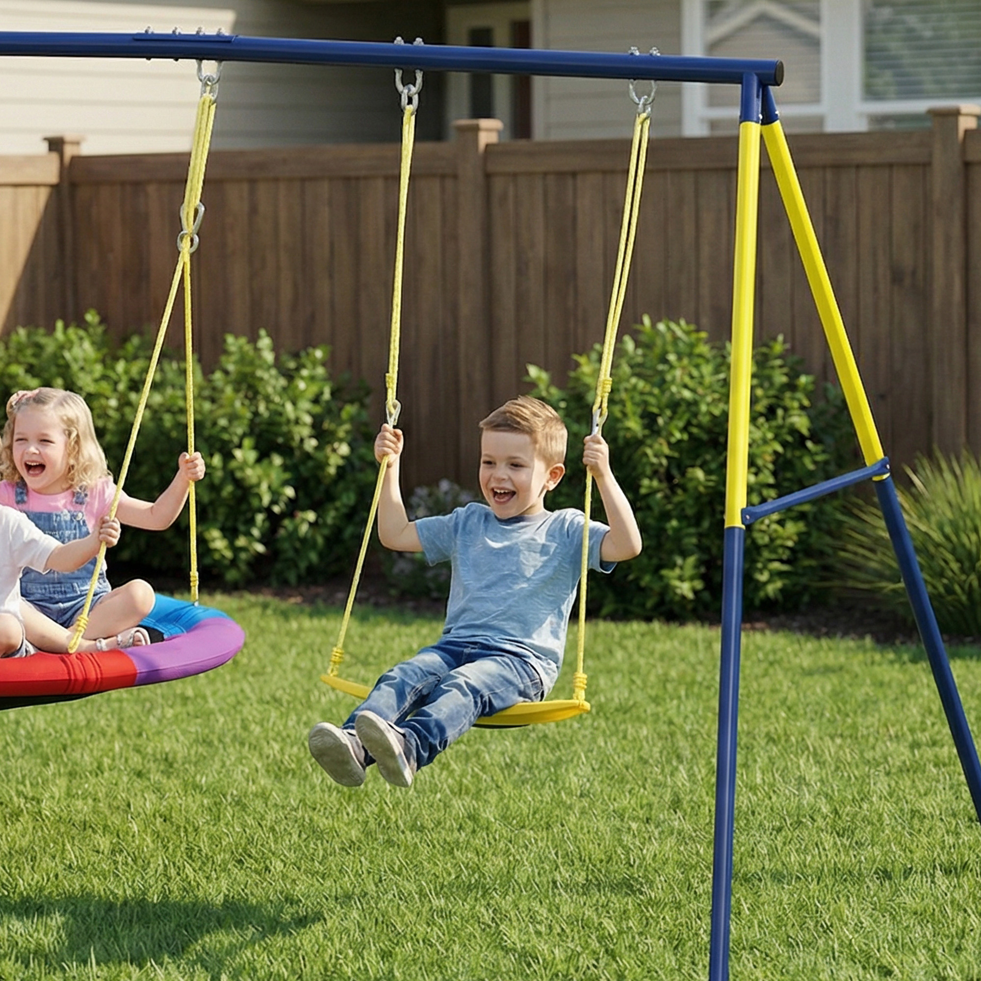 Balançoire portique pour enfant avec double balancelles, cordes réglables, cadre en acier, pour 3-8 ans, multicolore – vue 9