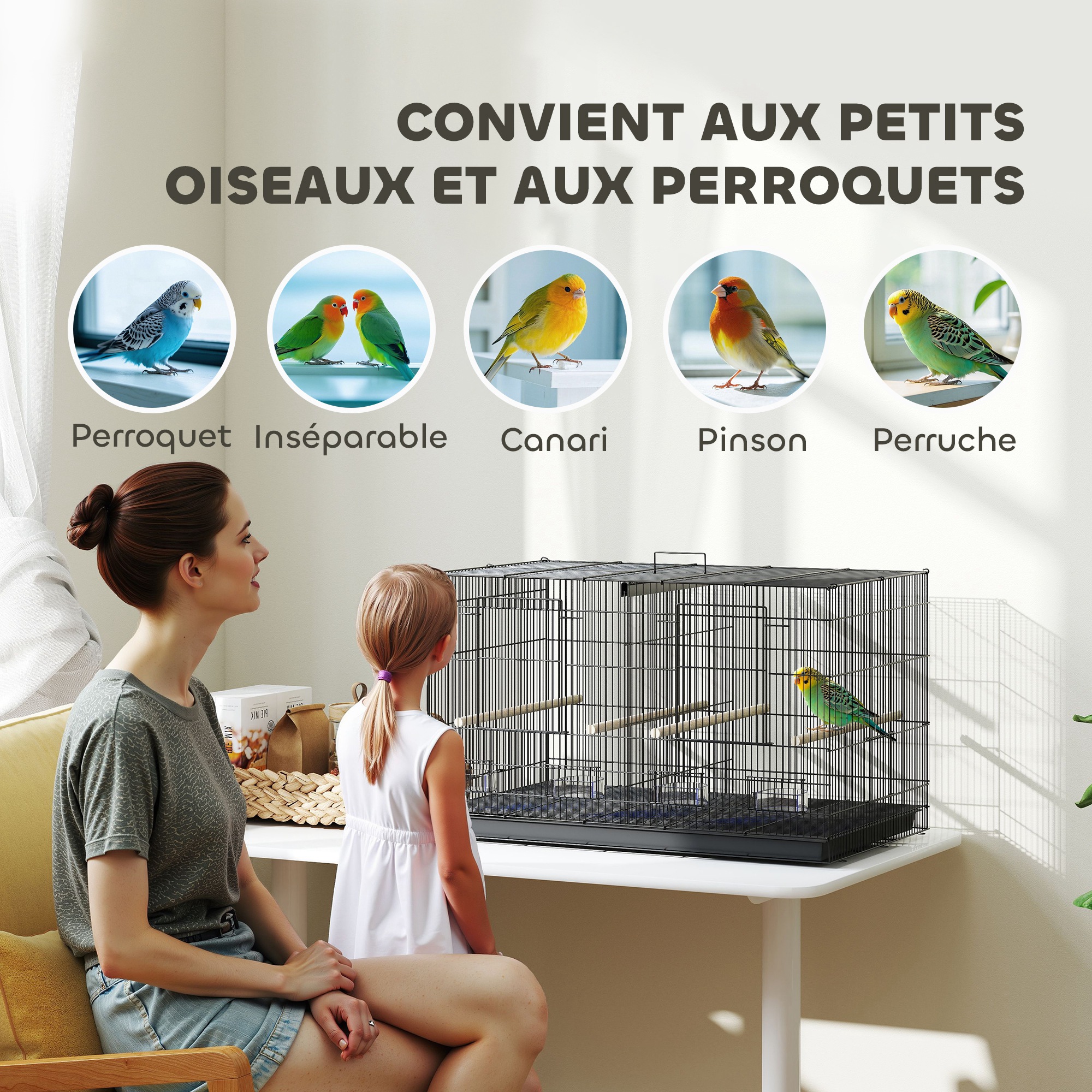 Cage à oiseaux volière intérieur acier avec séparateur 4 perchoirs plateau coulissant 4 mangeoires 76 x 46 x 46 cm noir – vue 8
