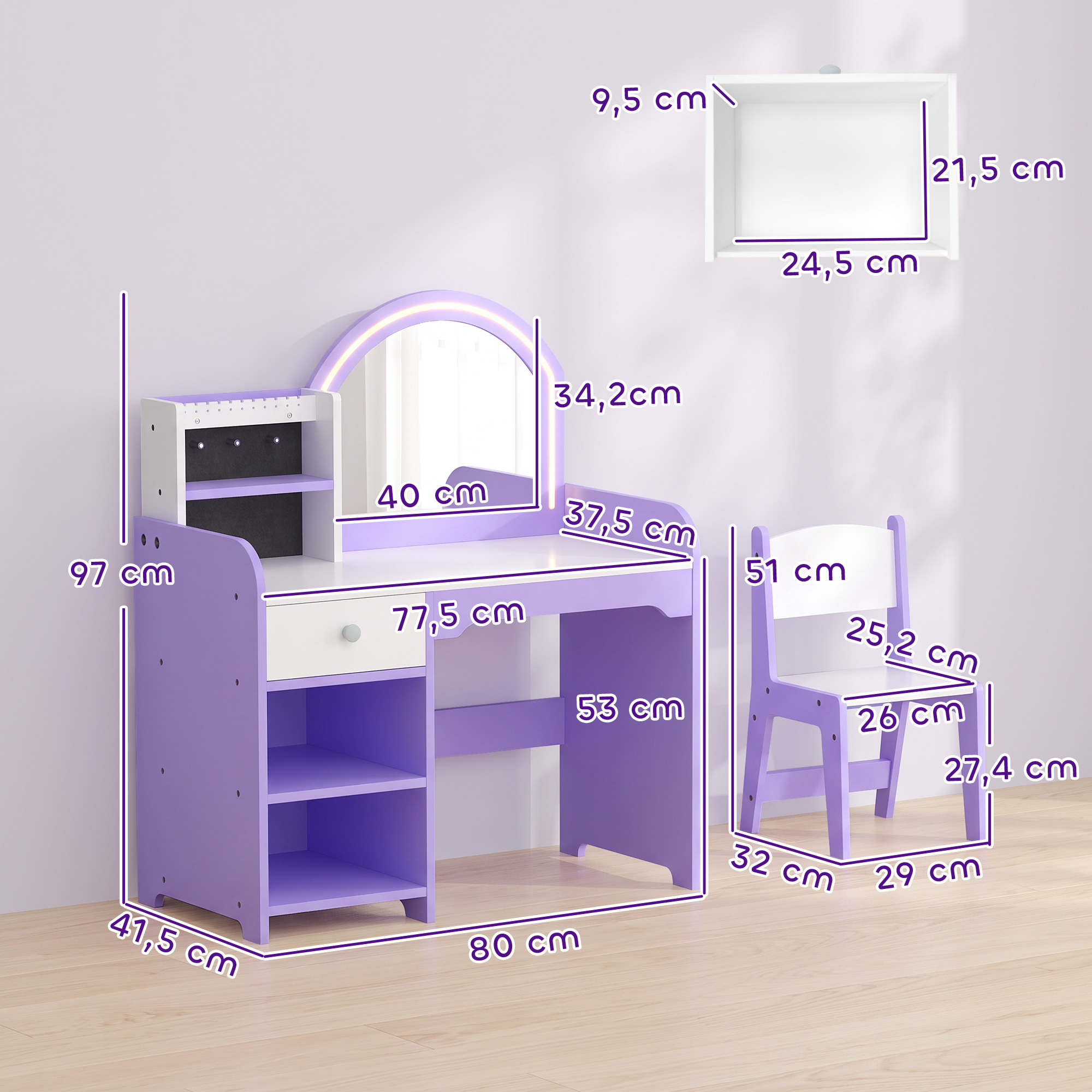 Coiffeuse Enfant avec Miroir, Éclairage LED, Rangements & Tabouret – Violet & Blanc – autre vue