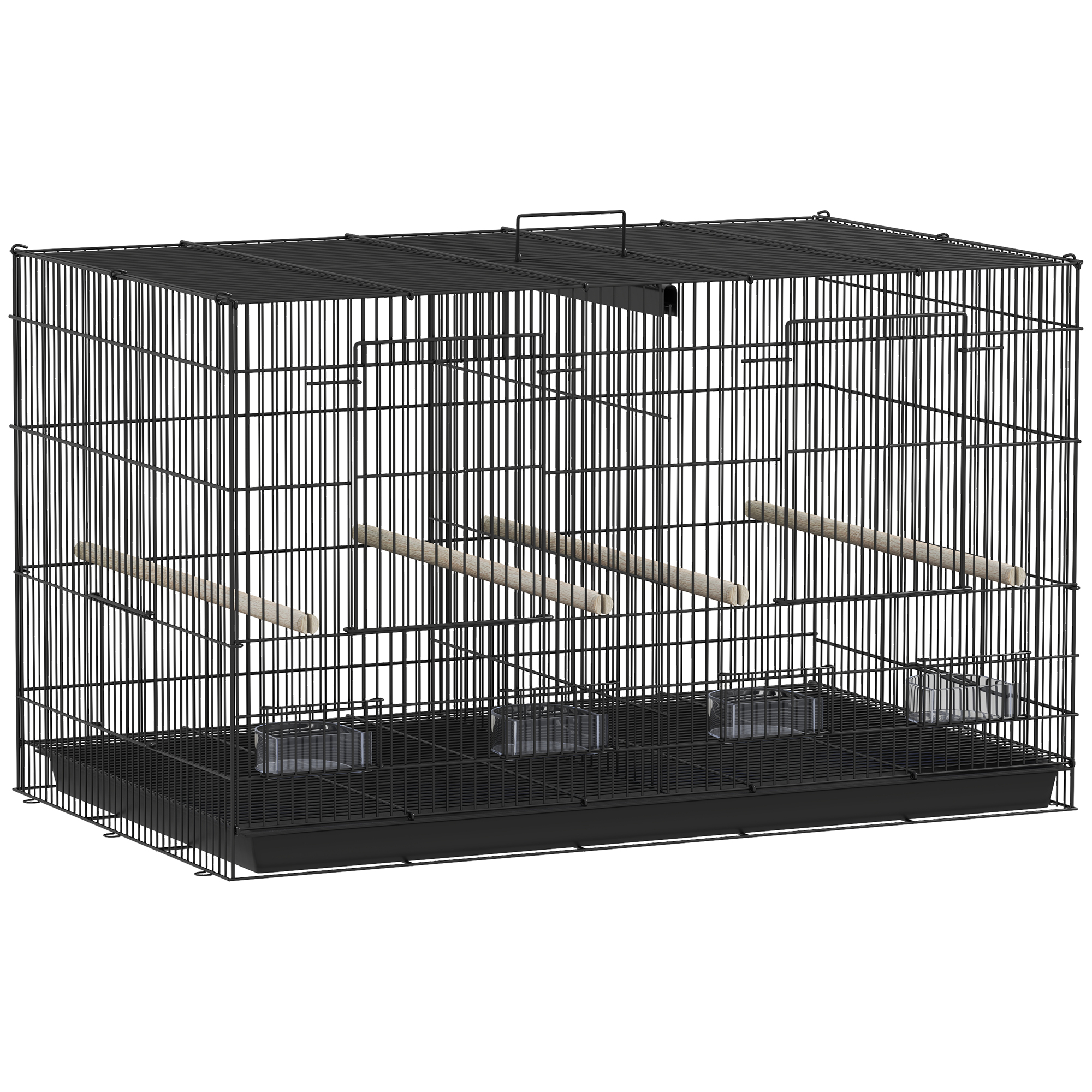 Cage à oiseaux volière intérieur acier avec séparateur 4 perchoirs plateau coulissant 4 mangeoires 76 x 46 x 46 cm noir
