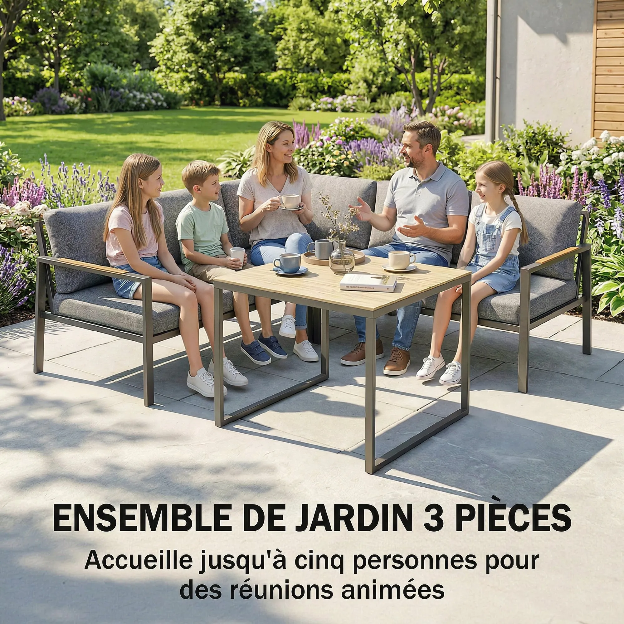 Salon de Jardin 5 Places avec Coussins & Table Basse – Gris Foncé – vue de détail