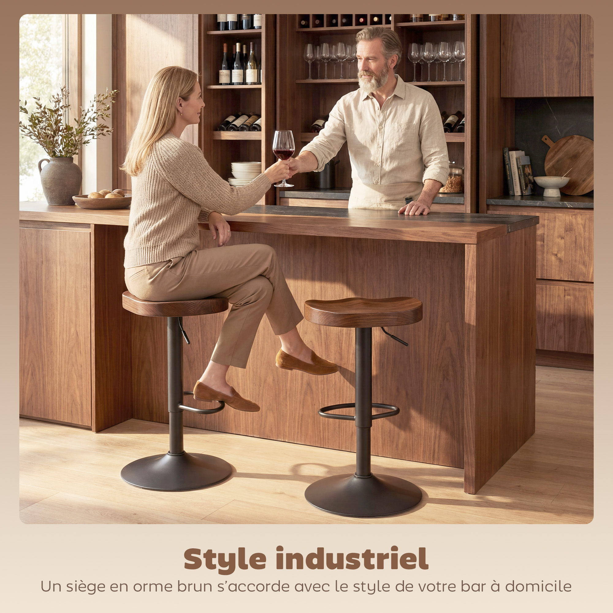 Lot de 2 Tabourets de Bar Pivotants & Réglables 61–82 cm – Bois d’Orme & Métal – Marron Foncé – vue 6