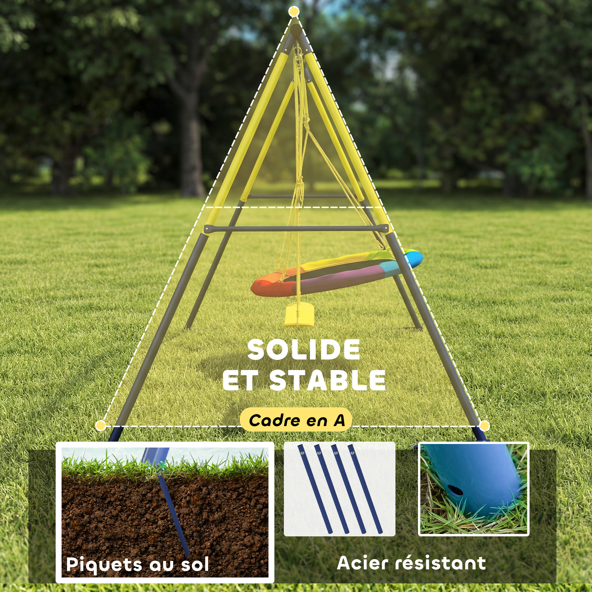 Balançoire portique pour enfant avec double balancelles, cordes réglables, cadre en acier, pour 3-8 ans, multicolore – vue 5