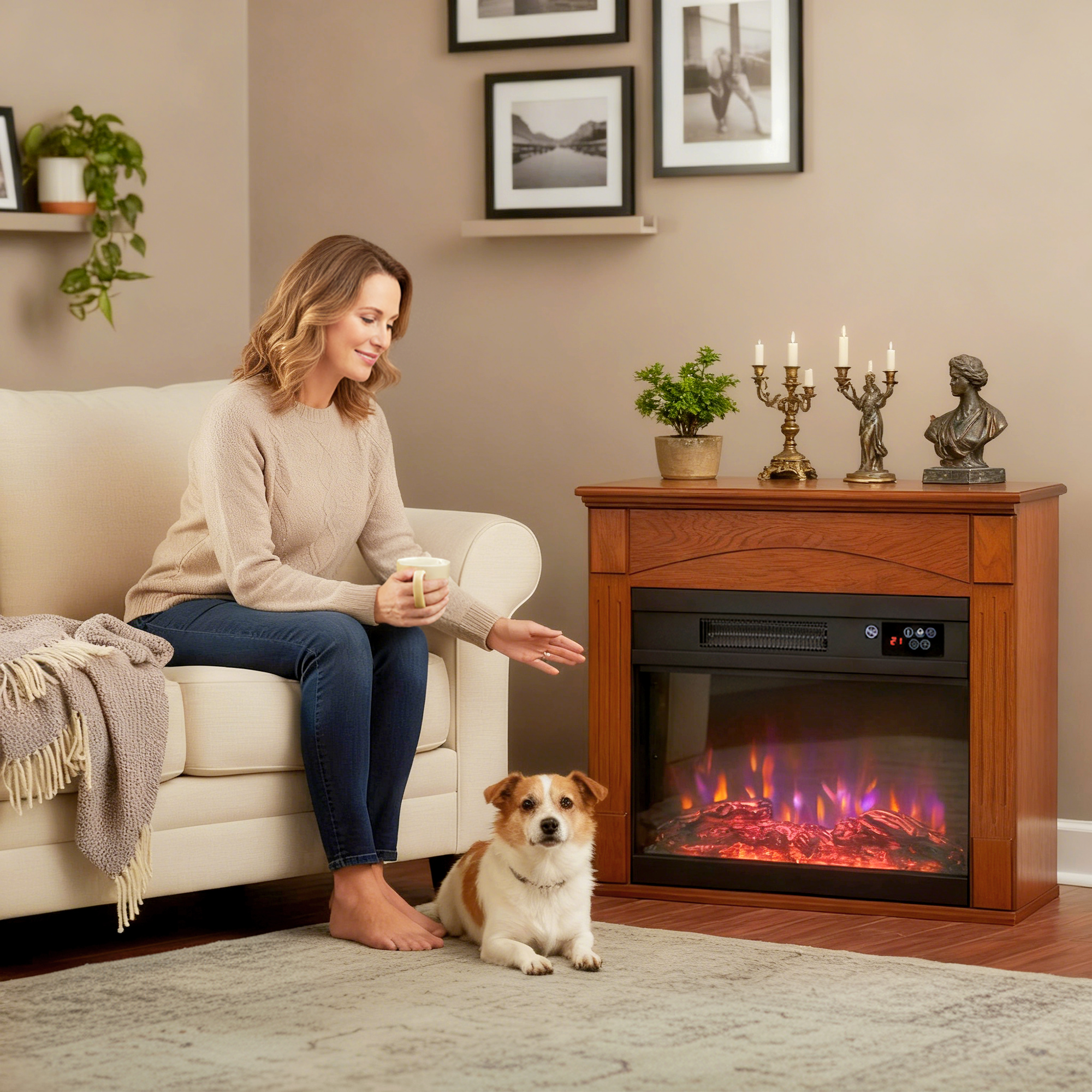 Cheminée Électrique 2000 W – Effet Flammes 3D, Télécommande & Thermostat – Marron – Bild 2
