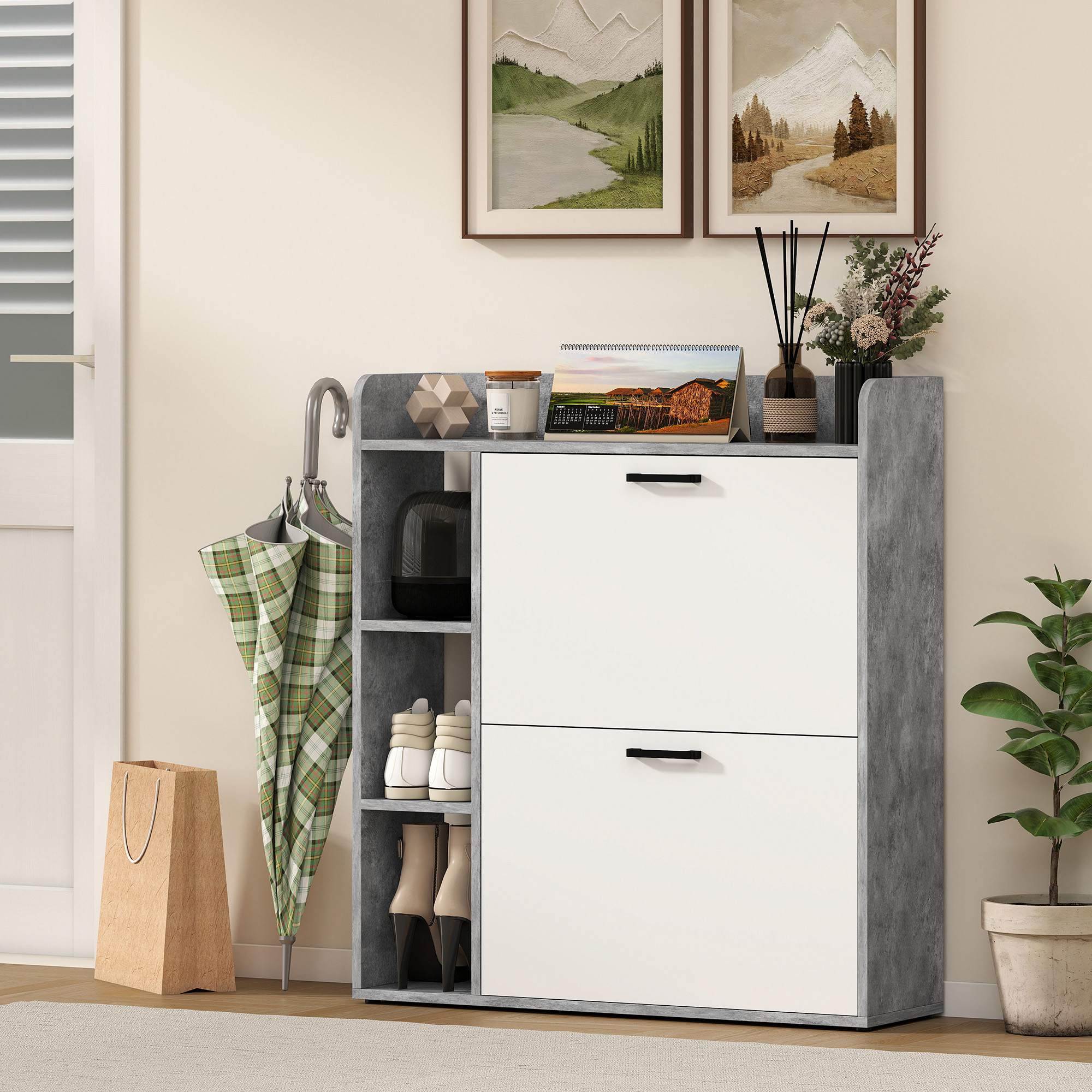 Meuble à Chaussures 15 Paires – 2 Tiroirs Basculants & Rangements – Blanc et Gris - Afbeelding 8