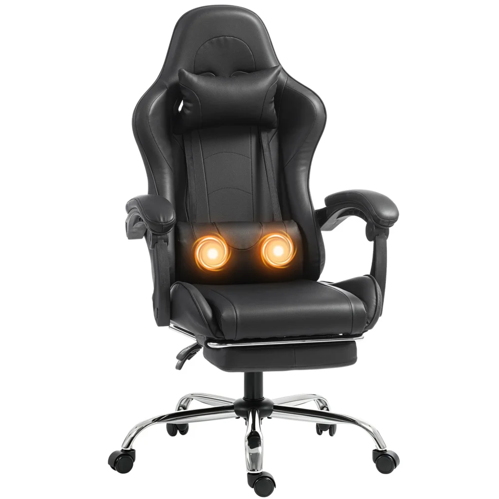 Fauteuil Gaming Ergonomique avec Massage USB, Repose-Pieds & Dossier Inclinable – Noir