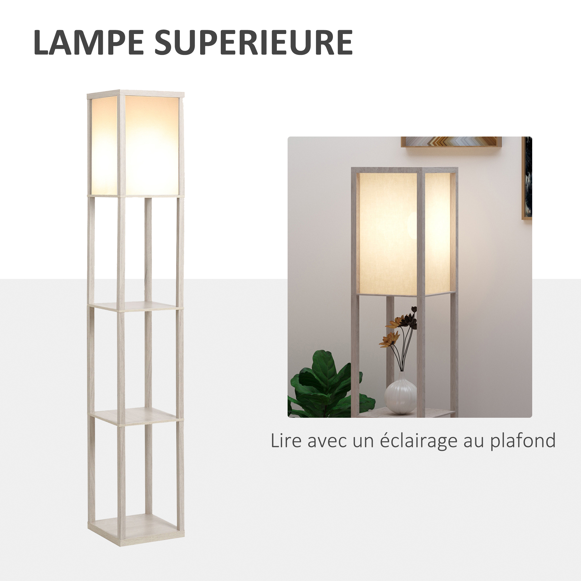 Lampadaire étagère 26L x 26l x 160H cm 3 étagères 4 Niveaux MDF chêne - Afbeelding 6