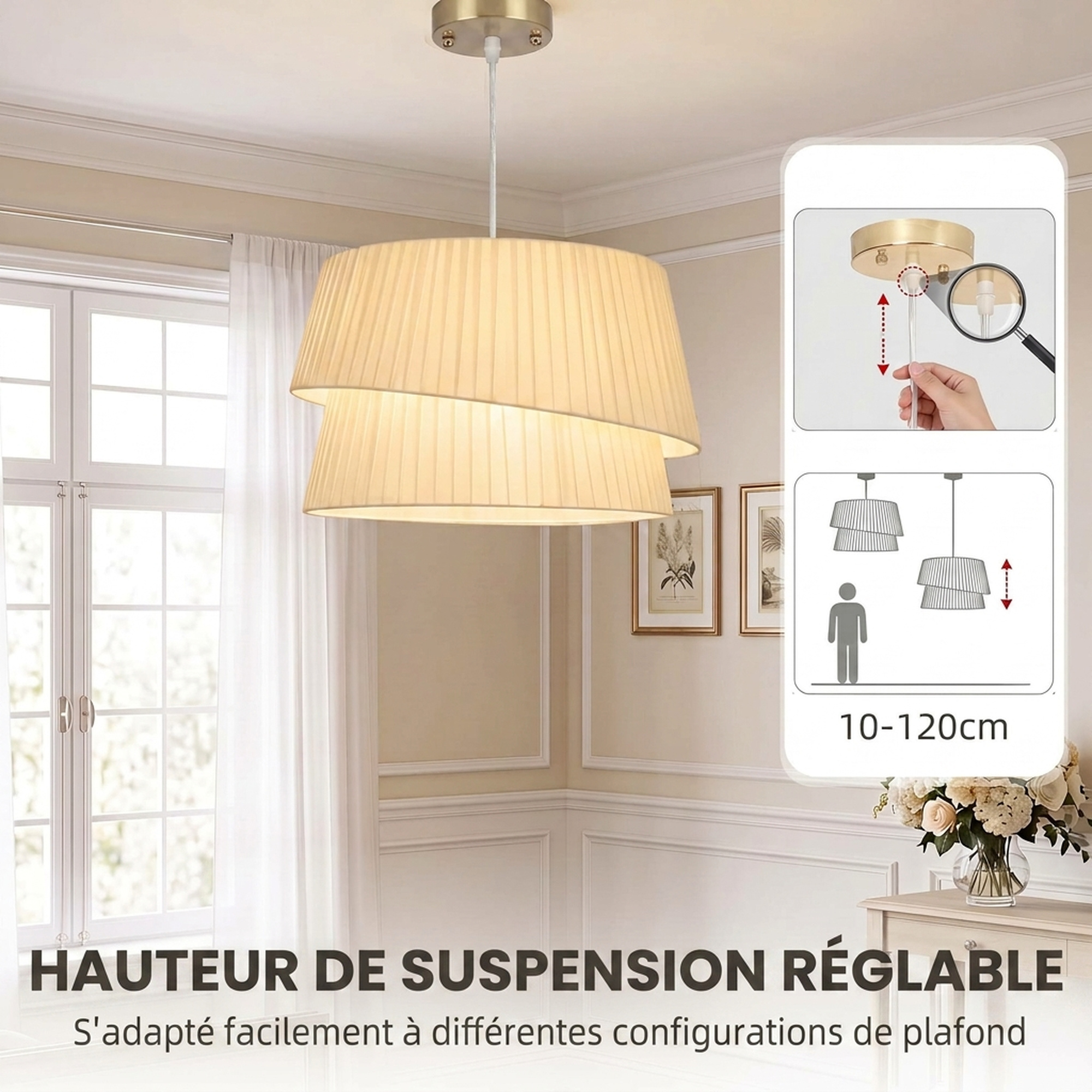 Suspension Luminaire Élégante à Double Abat-Jour, Rosace Dorée, Câble Réglable, Ampoule Non Incluse E14 40 W, Blanc – Bild 6