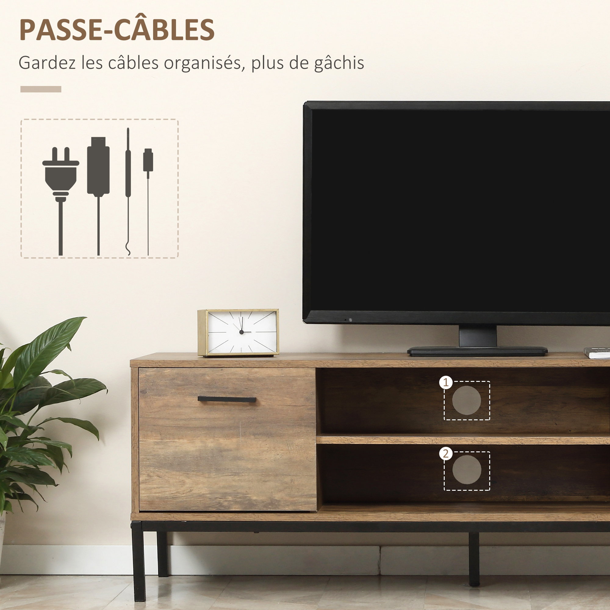 Meuble TV Industriel 132 cm – 2 Tiroirs, Placard & Niches – Marron et Noir - Afbeelding 5