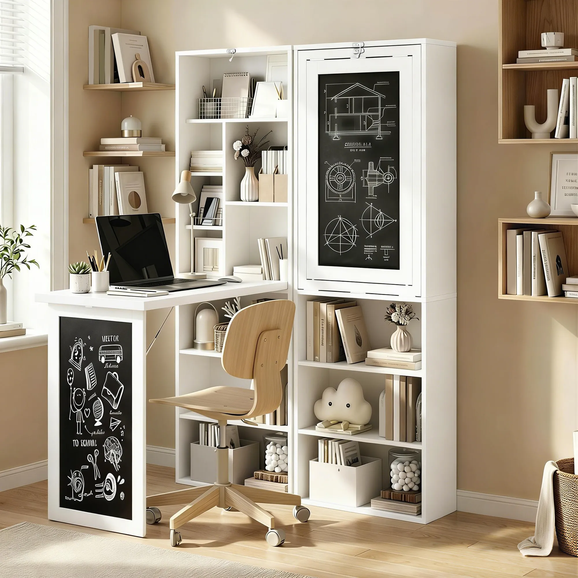 Bureau Pliable 3-en-1 avec Bibliothèque & Tableau Noir – Blanc - Image 2