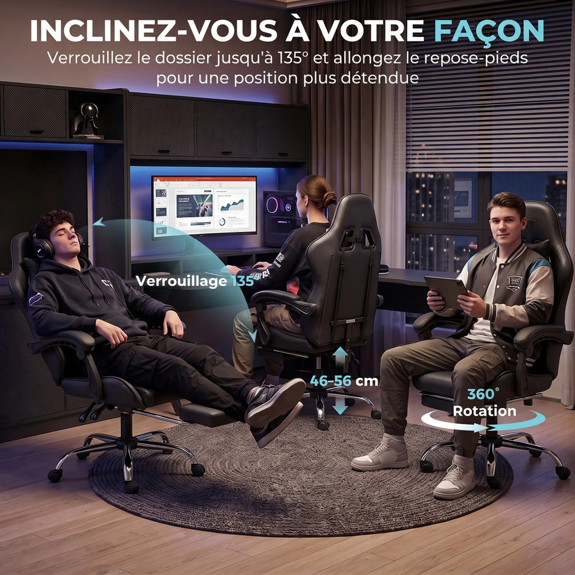 Fauteuil Gaming Ergonomique avec Massage USB, Repose-Pieds & Dossier Inclinable – Noir - Afbeelding 6