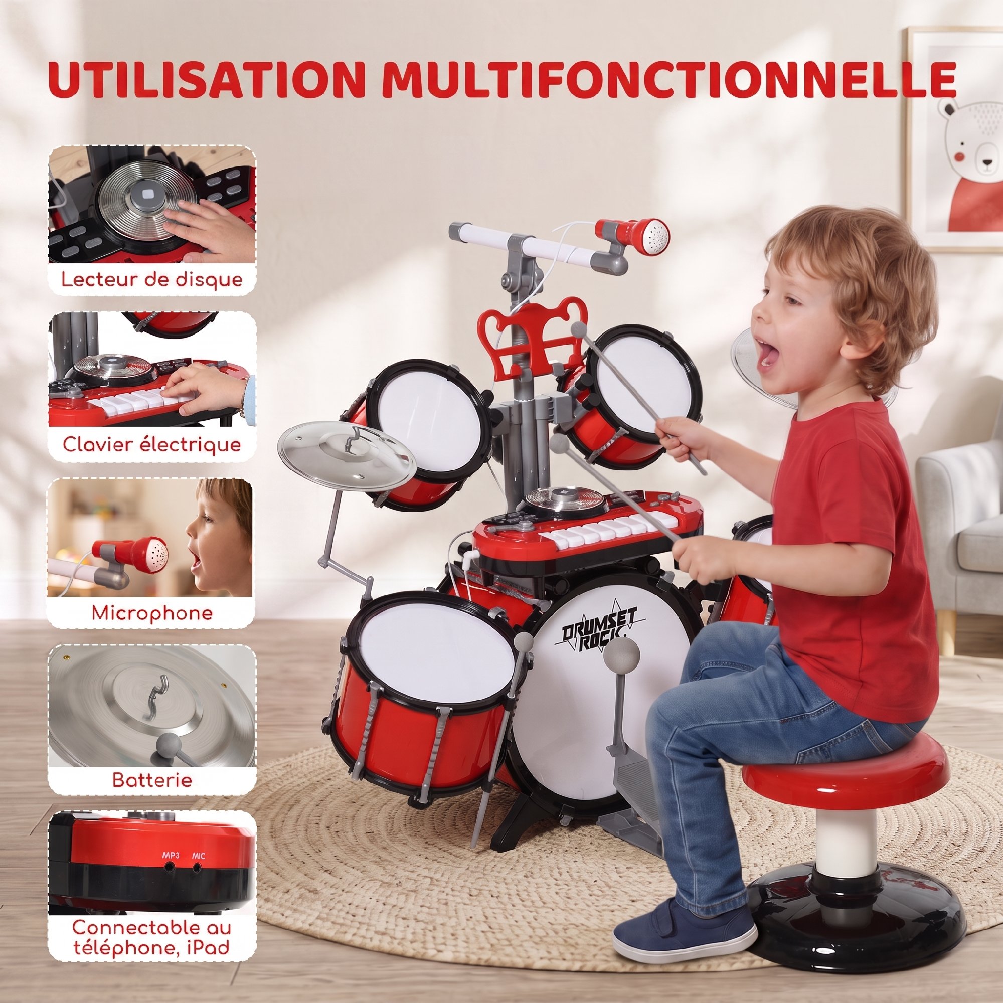 Batterie Musicale Enfant Électronique avec Clavier, Micro et Tabouret – Rouge - Afbeelding 5