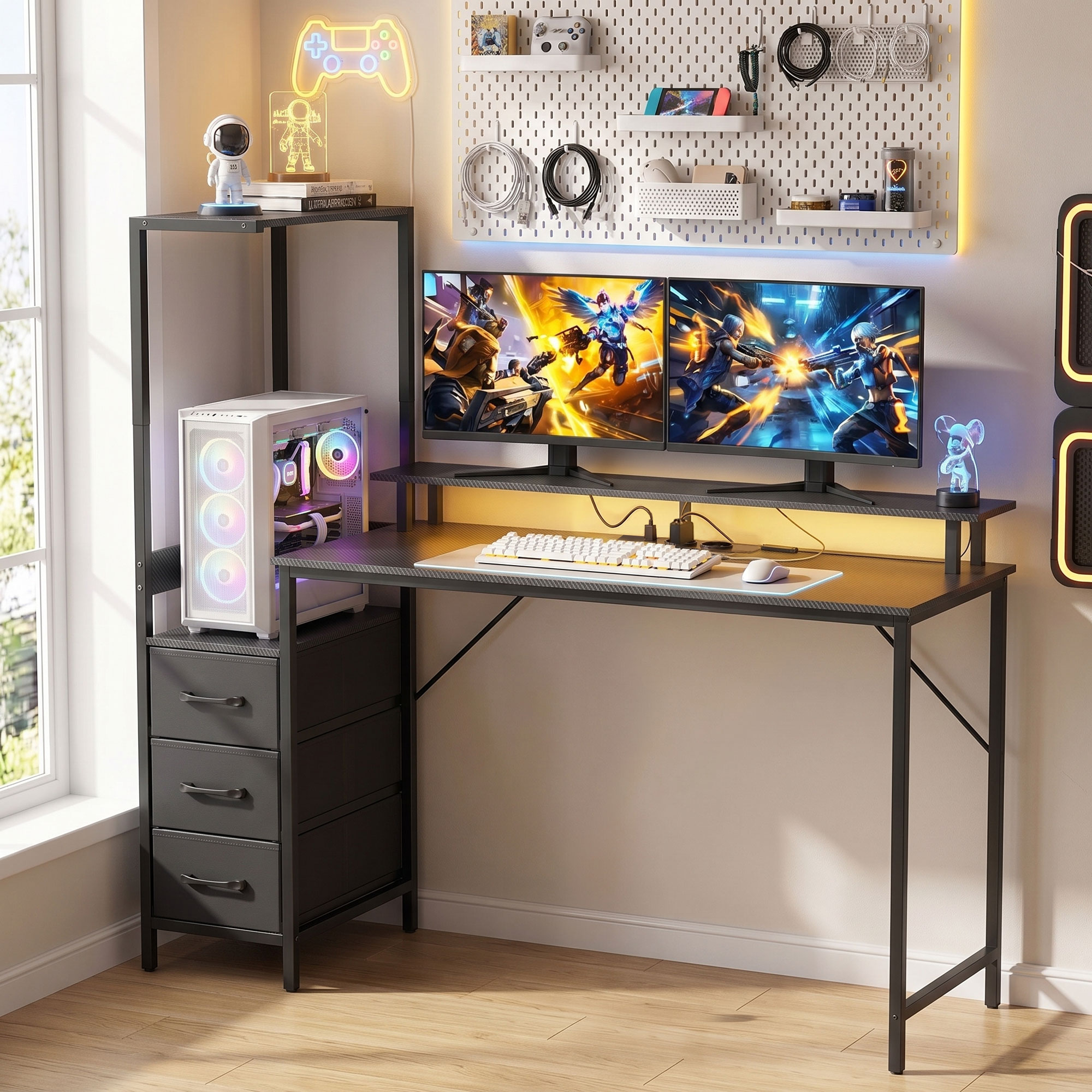 Bureau Gaming 147 x 47 cm, Éclairage RGB, Prises et Ports USB, Support pour Unité Centrale Réglable et Réversible, Noir - Image 8