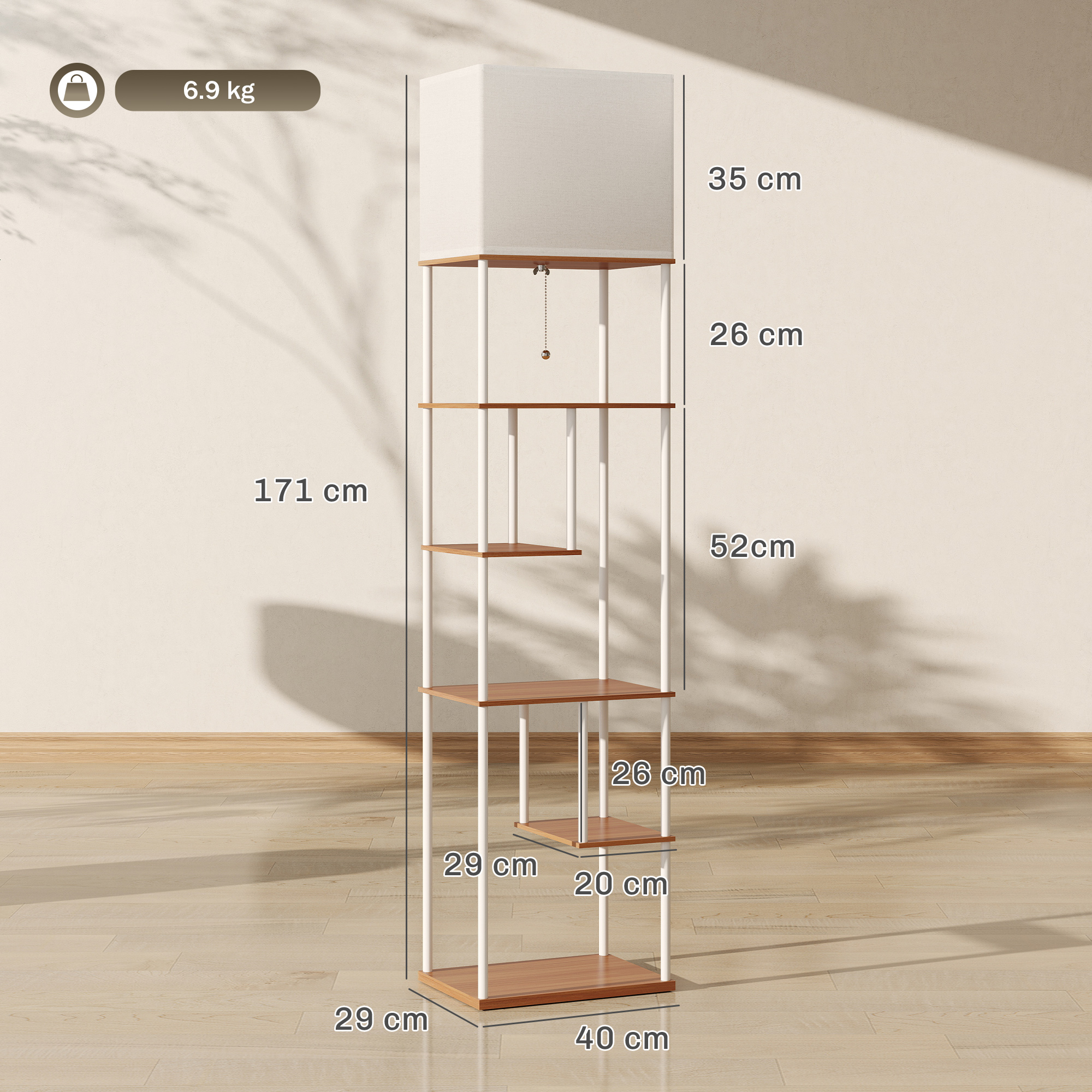 Lampadaire avec étagères, lampadaire sur pied de salon dimmable, télécommande, 40 x 29 x 171 cm, bois naturel - Afbeelding 3