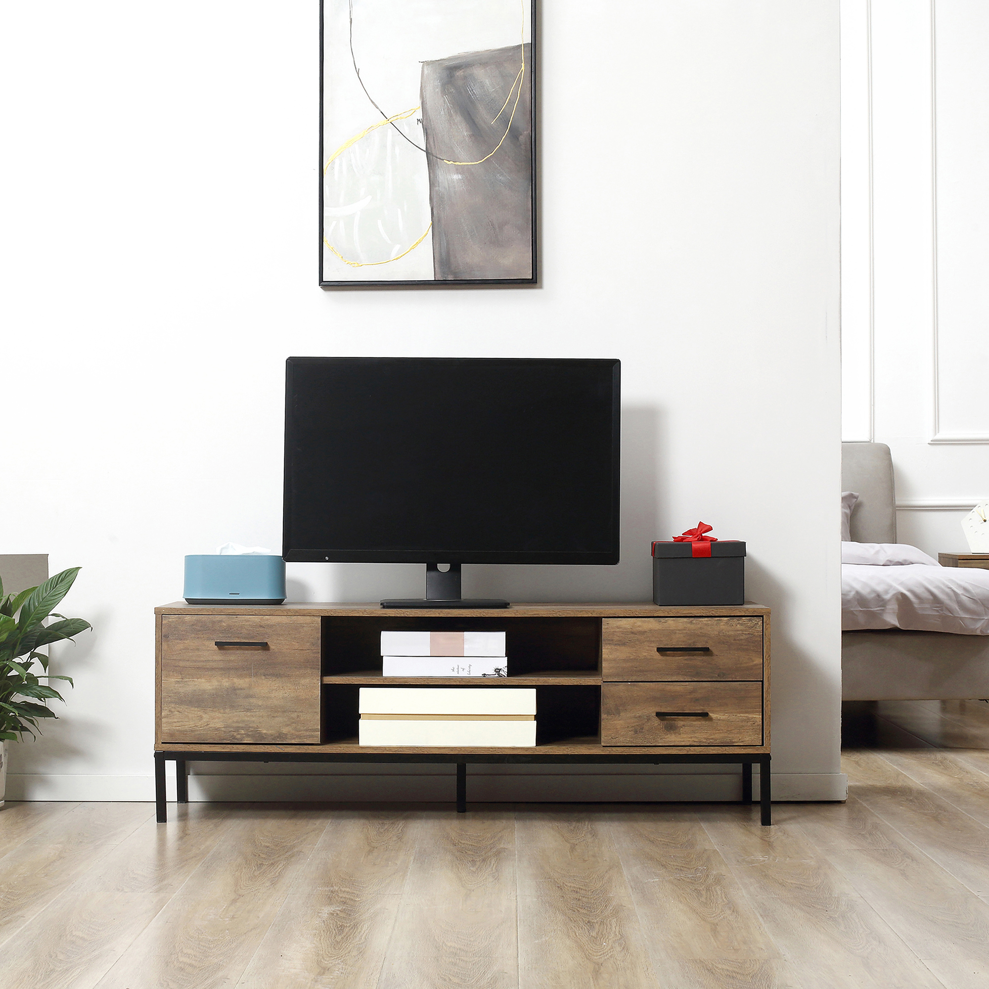 Meuble TV Industriel 132 cm – 2 Tiroirs, Placard & Niches – Marron et Noir - Afbeelding 7