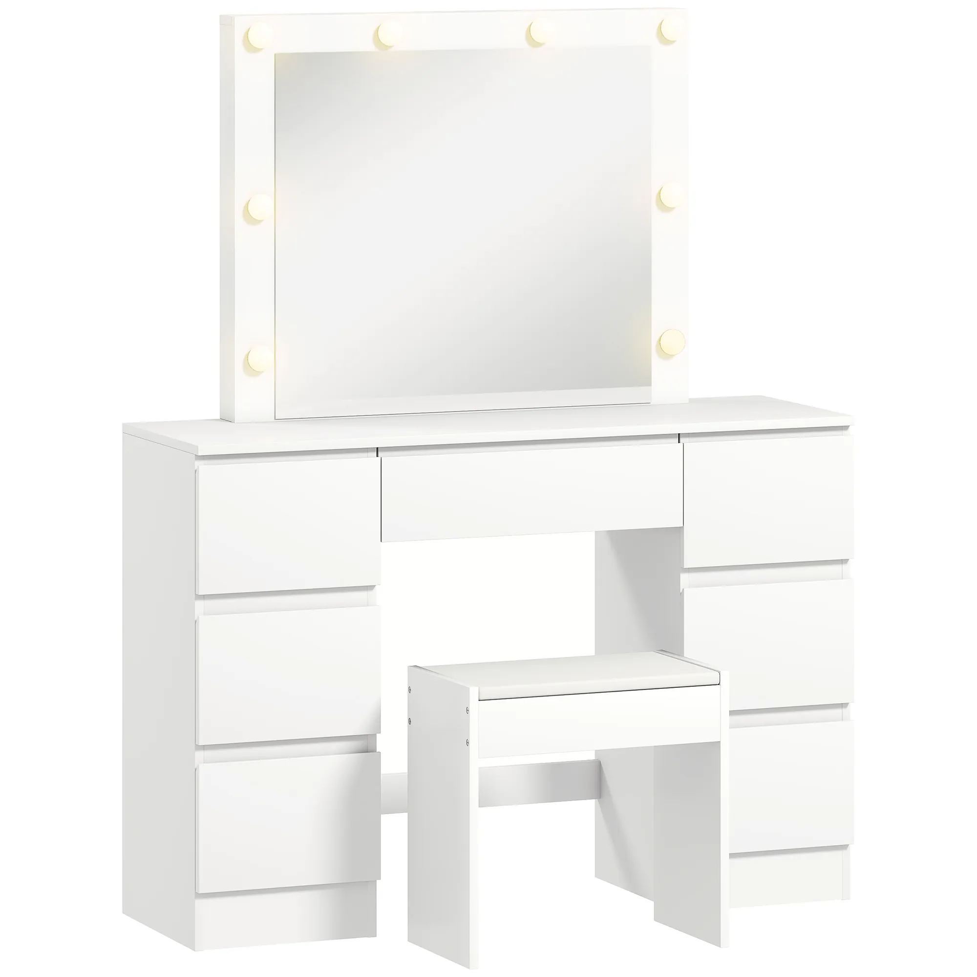 Coiffeuse avec Miroir Hollywood LED & Tabouret – 7 Tiroirs – Blanc