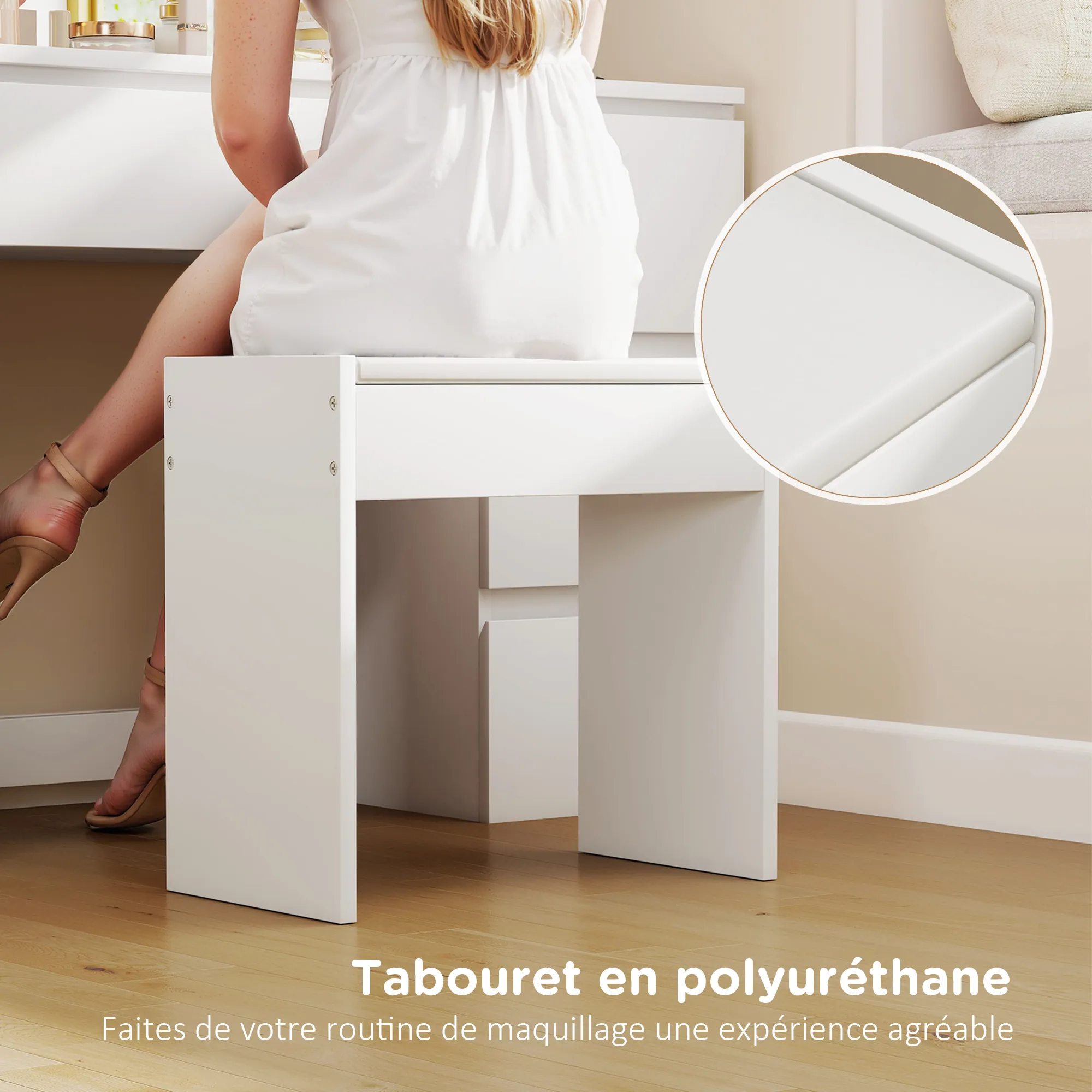 Coiffeuse avec Miroir Hollywood LED & Tabouret – 7 Tiroirs – Blanc - Image 6