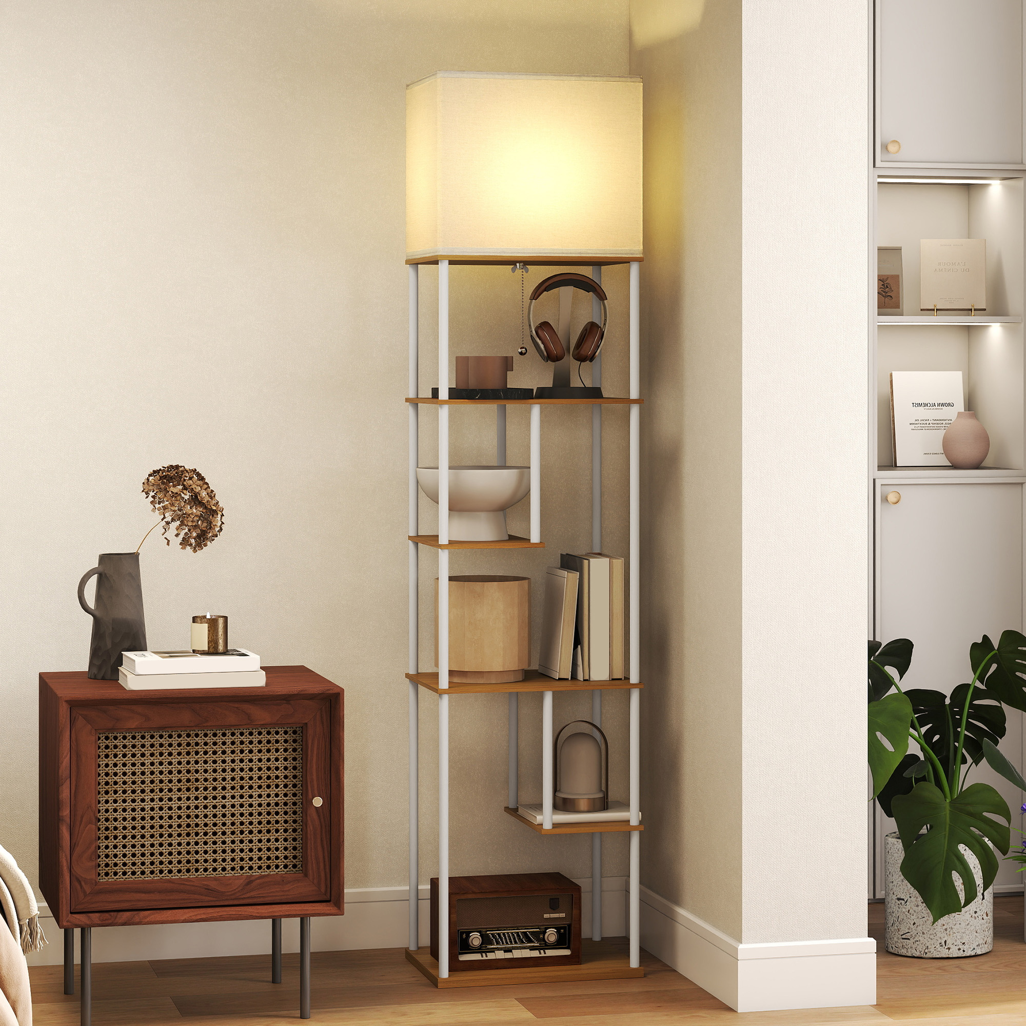 Lampadaire avec étagères, lampadaire sur pied de salon dimmable, télécommande, 40 x 29 x 171 cm, bois naturel - Afbeelding 10