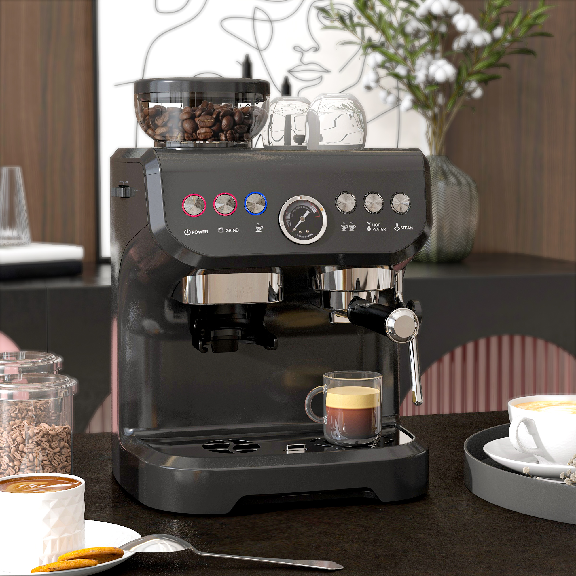 Machine Expresso avec Moulin à Grains 1600 W – 15 Bars & Buse Vapeur – Noir – Bild 10