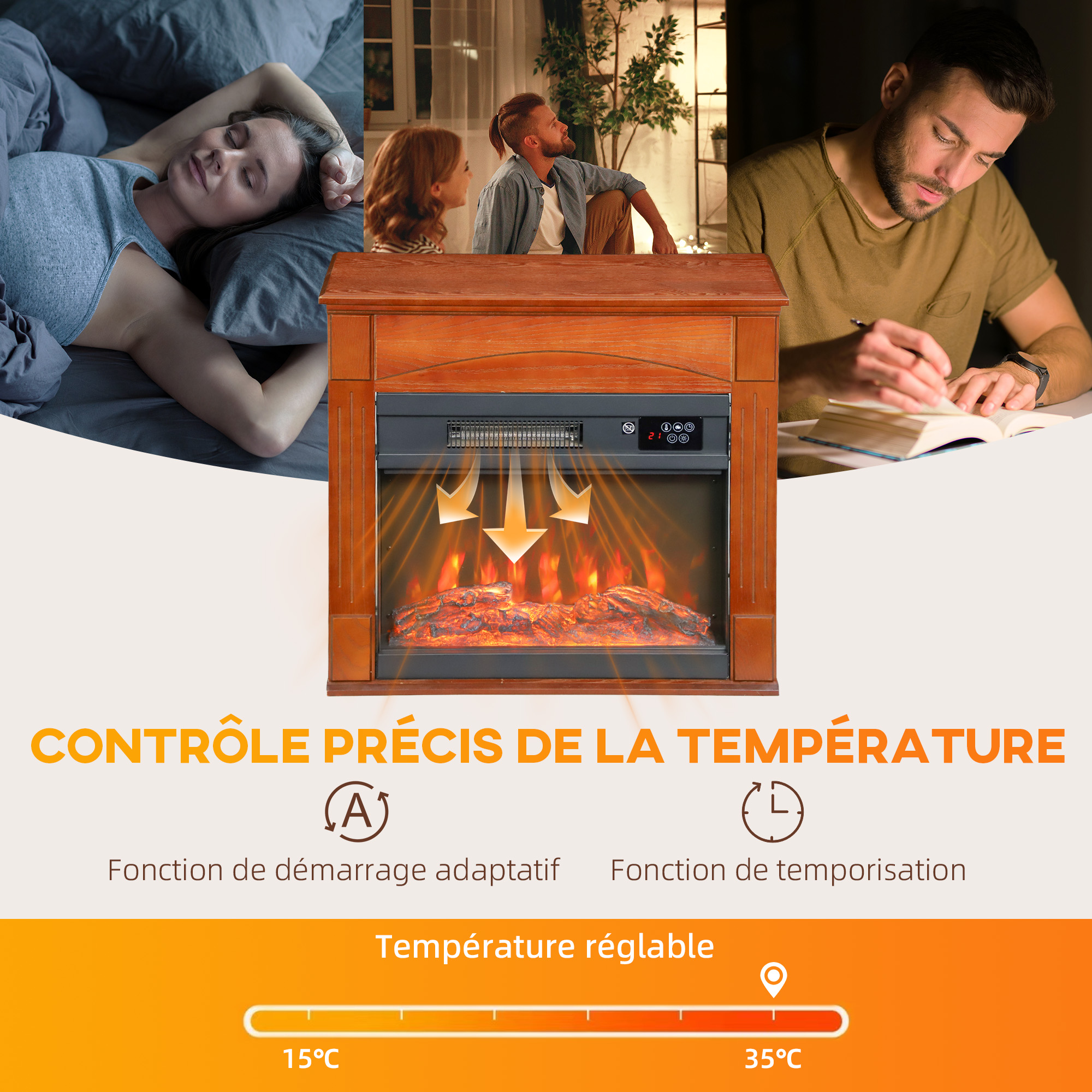 Cheminée Électrique 2000 W – Effet Flammes 3D, Télécommande & Thermostat – Marron – Bild 6
