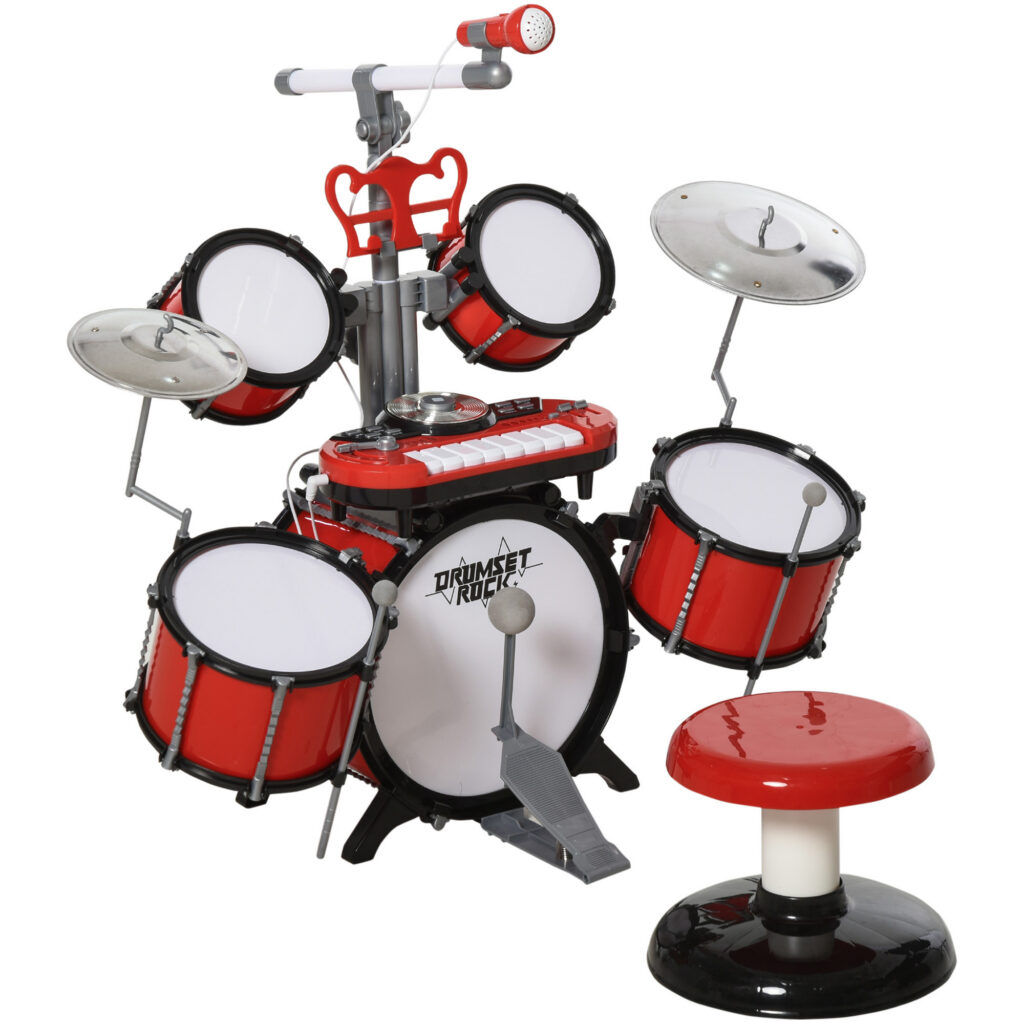 Batterie Musicale Enfant Électronique avec Clavier, Micro et Tabouret – Rouge