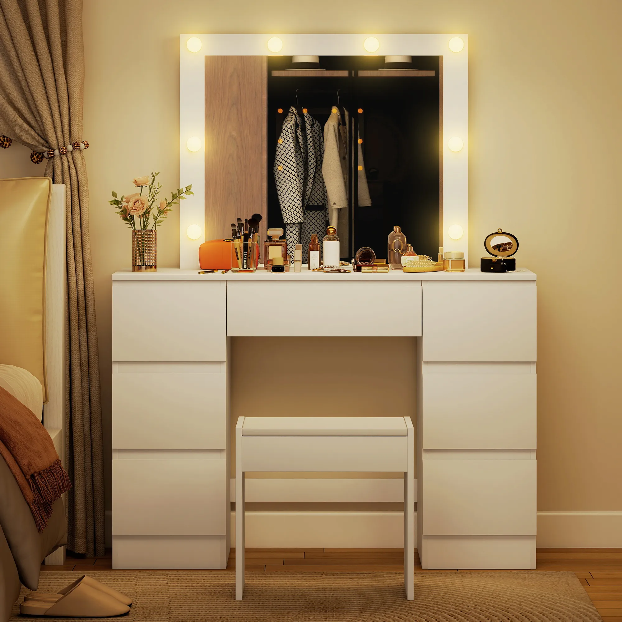 Coiffeuse avec Miroir Hollywood LED & Tabouret – 7 Tiroirs – Blanc - Image 8