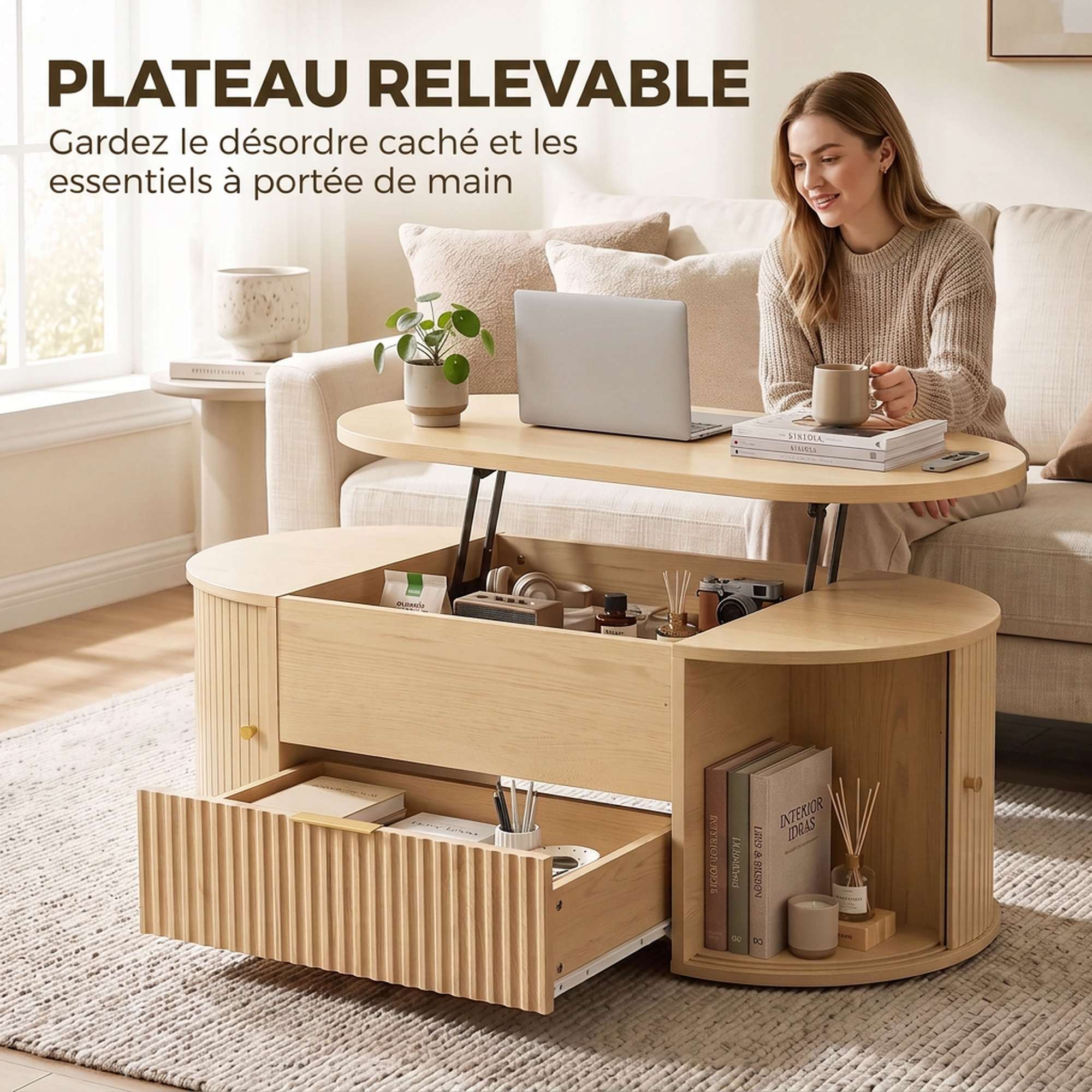 Table Basse Relevable Ovale avec Rangements et Portes Coulissantes – 100 cm – Chêne - Afbeelding 4