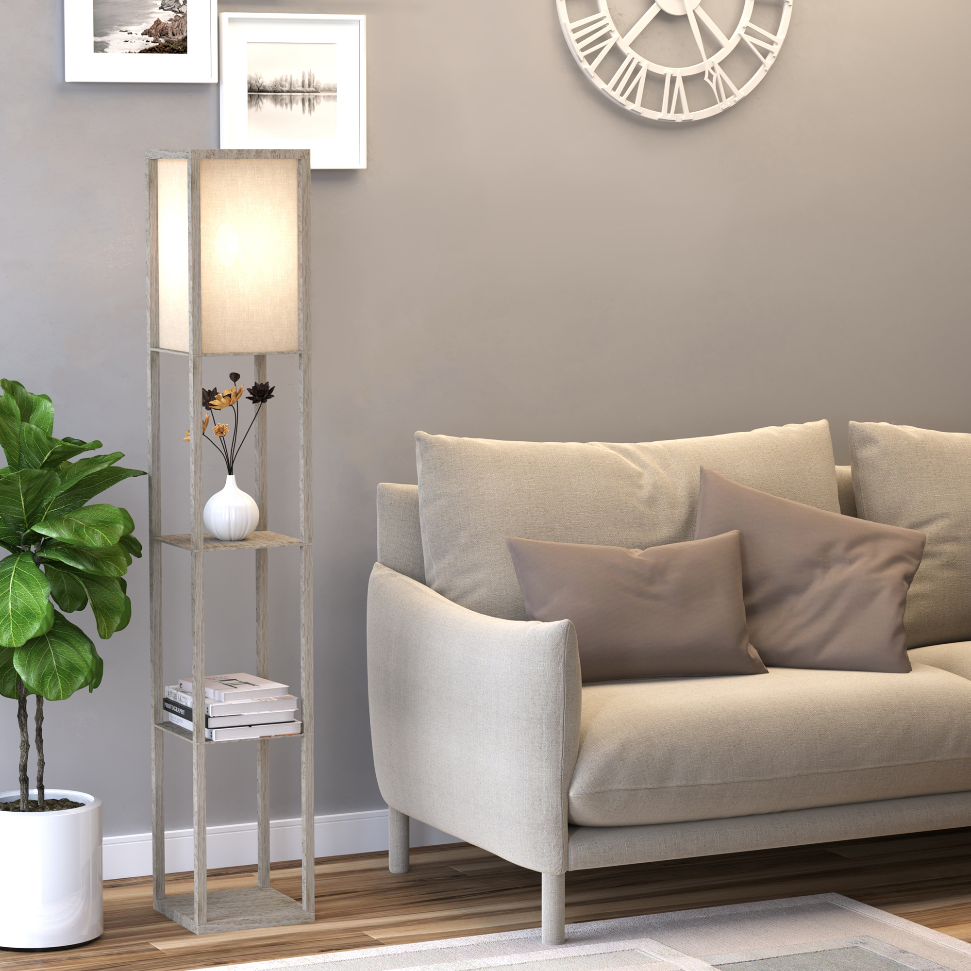 Lampadaire étagère 26L x 26l x 160H cm 3 étagères 4 Niveaux MDF chêne - Afbeelding 2