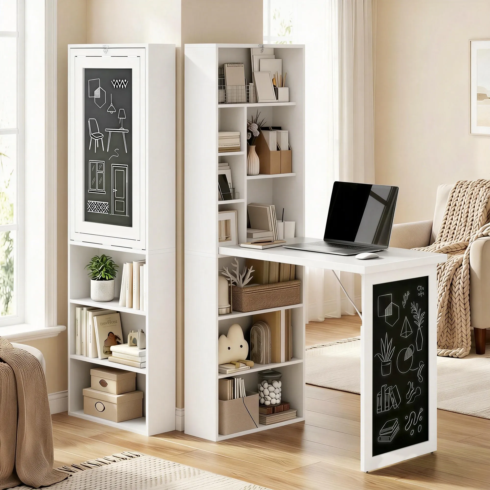 Bureau Pliable 3-en-1 avec Bibliothèque & Tableau Noir – Blanc - Image 10