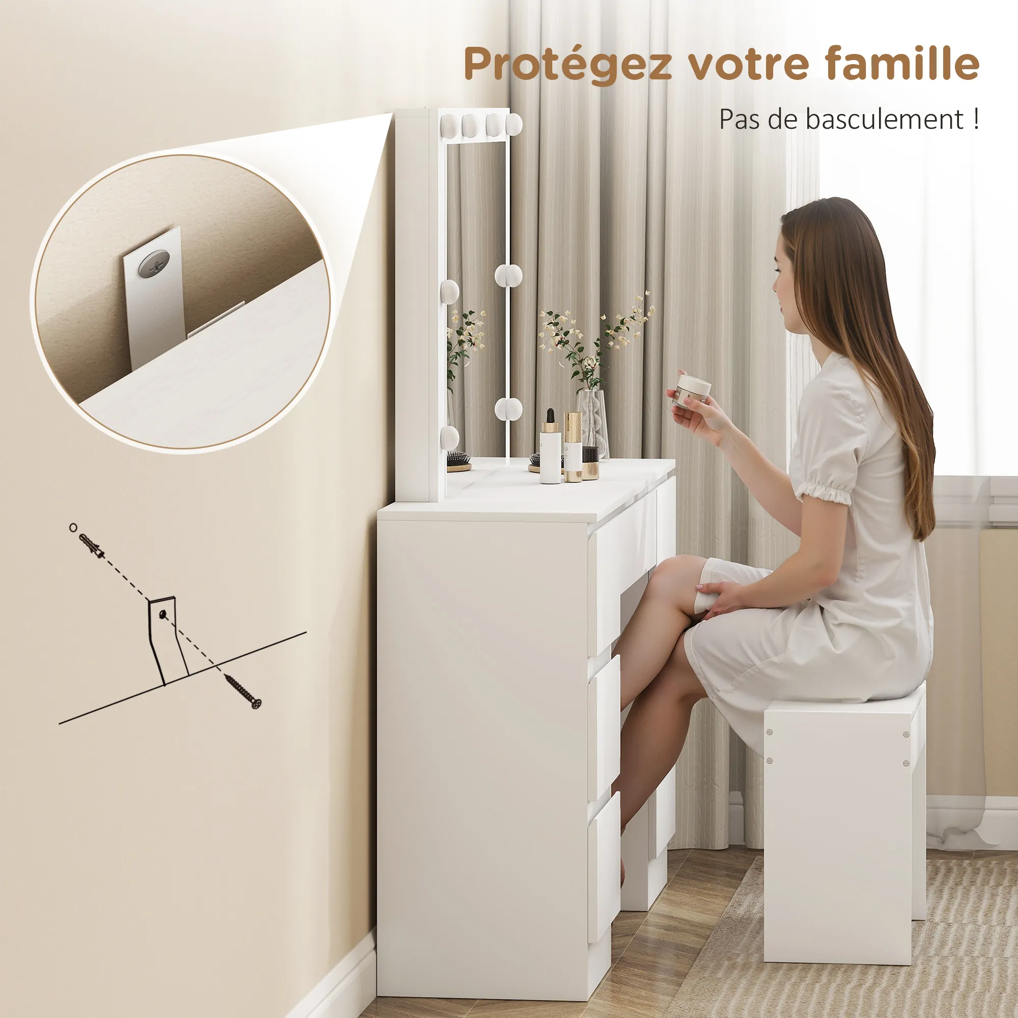 Coiffeuse avec Miroir Hollywood LED & Tabouret – 7 Tiroirs – Blanc - Image 7