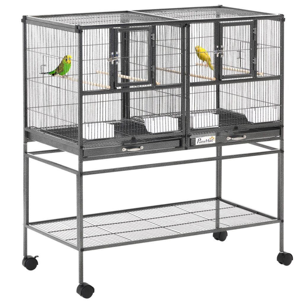 Volière pour Oiseaux PawHut – Double Cage Modulable sur Roulettes – Noir & Gris