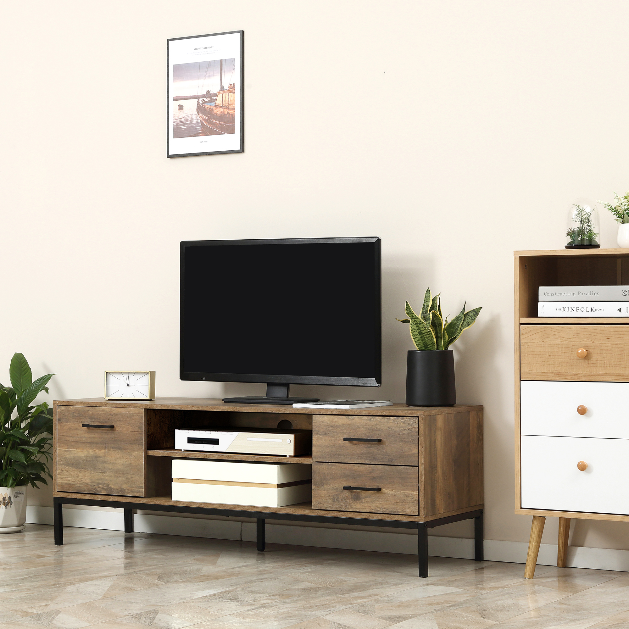 Meuble TV Industriel 132 cm – 2 Tiroirs, Placard & Niches – Marron et Noir - Afbeelding 10