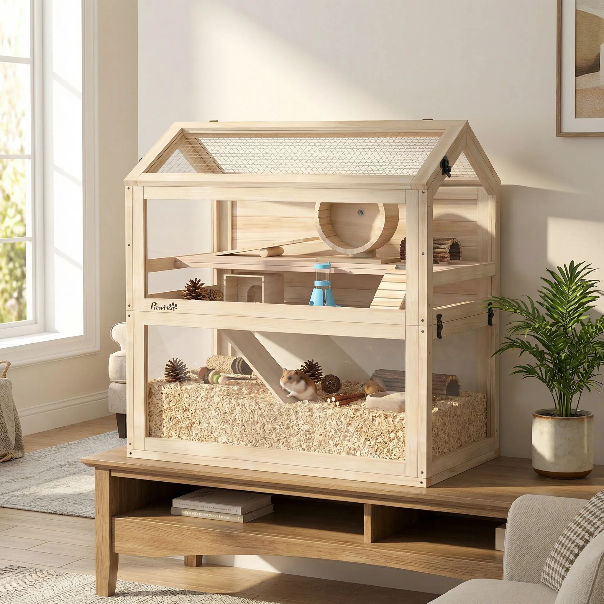 Cage pour Hamster 3 Niveaux en Bois avec Roue & Accessoires – 76 cm – Bild 2